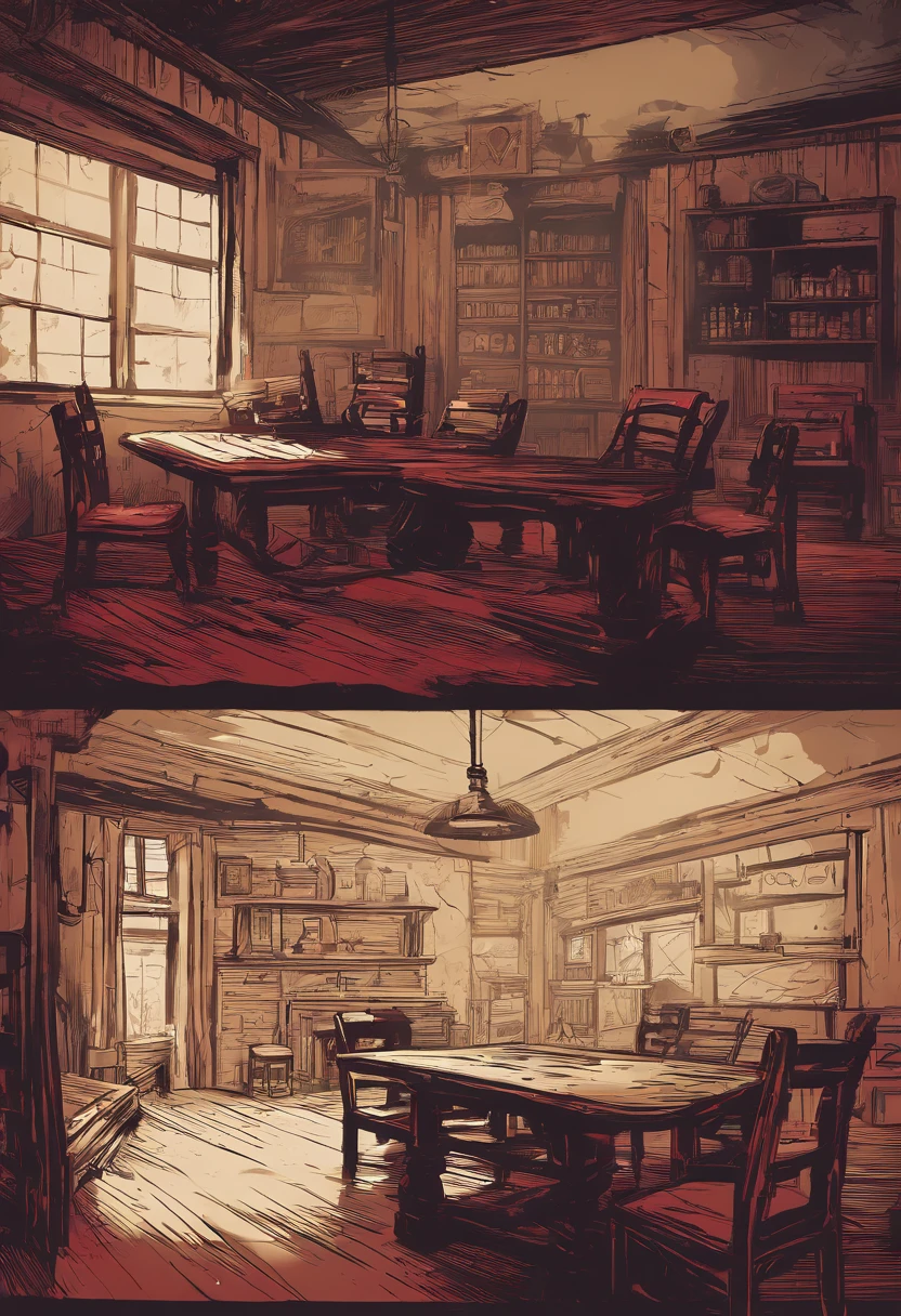 "(Best quality, A high resolution),Red Dead Redemption 2 style,Dark room,Western-style outlaws, 6 men,In a dark room,interiors,Stand in front of the table,cowboy hat,revolvers,cigarettes,Narrow beam,Atmospheric shadows,Leather jacket and vest,Old wooden table,Dust particles floating in the air,Sharp focus,gritty texture,Vivid colors,Moody lighting"