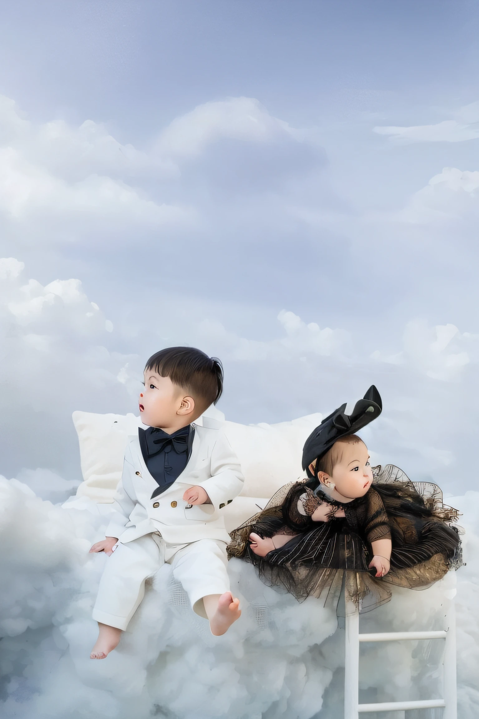 there is a baby sitting on a ladder in the clouds, lie on white clouds fairyland, sitting in a fluffy cloud, in the white clouds fairyland, in white clouds fairyland, in a cloud, girl clouds, standing on a cloud, running and falling on clouds, “puffy cloudscape, on clouds, in clouds, cotton clouds, cloud goddess,(1girl:1.2),solo,__body-parts__, official art, unity 8k wallpaper, ultra detailed, beautiful and aesthetic, beautiful, masterpiece, best quality, photo realistic , (realistic 1:2), (detail 1:2)