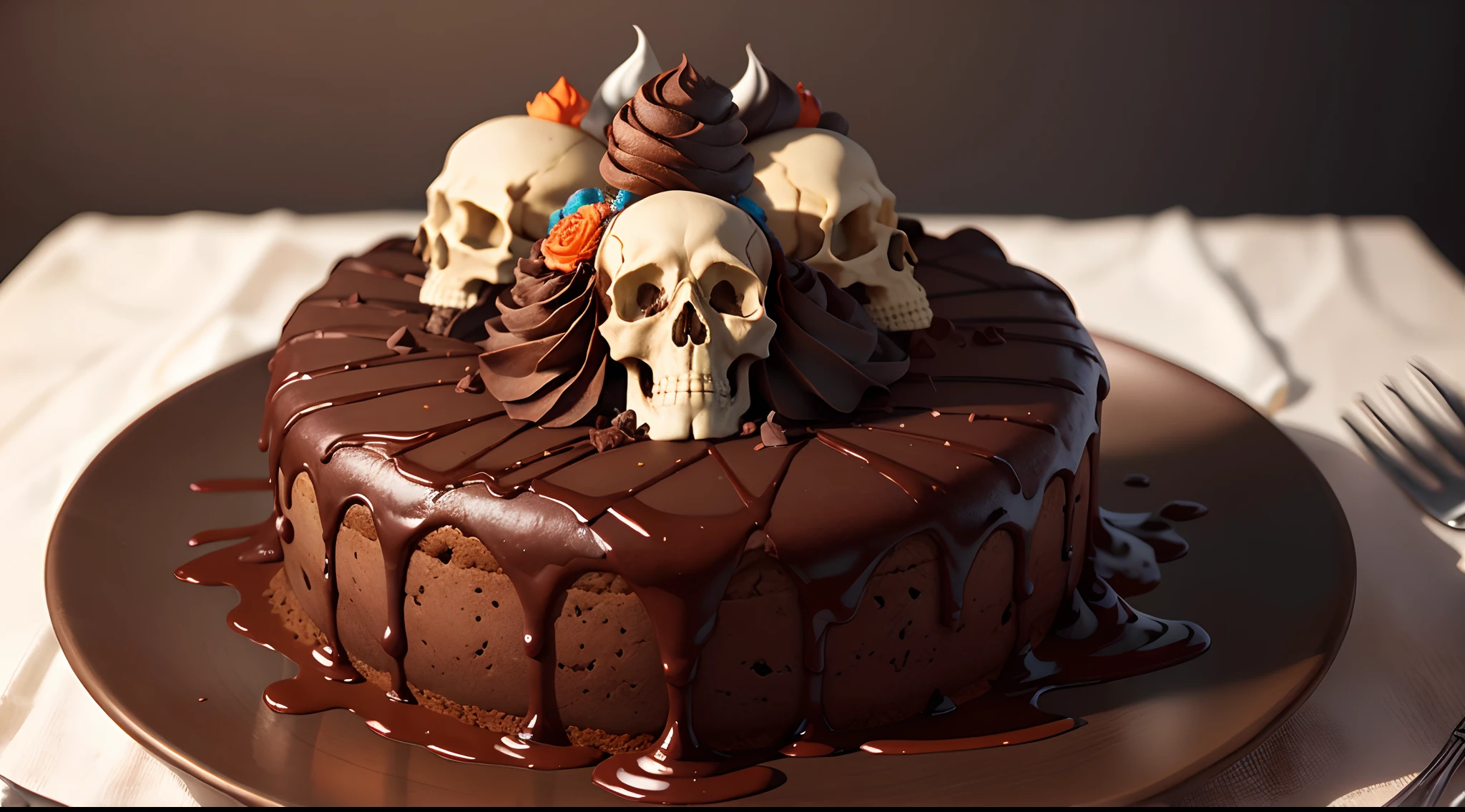 Hay un pastel de chocolate con una calavera en la parte superior, cubierto de chocolate derretido, Mejor pastel, arte del chocolate, skull head, Skull of Death, Arte de la torta, glaseado de chocolate, Incredibly detailed, Escultura de pastel, Skulls and skeletons, skull face, Monstrous skull, fantasy skull, skull protruding from the face, altamente perturbador, Foto de perfil, caveira