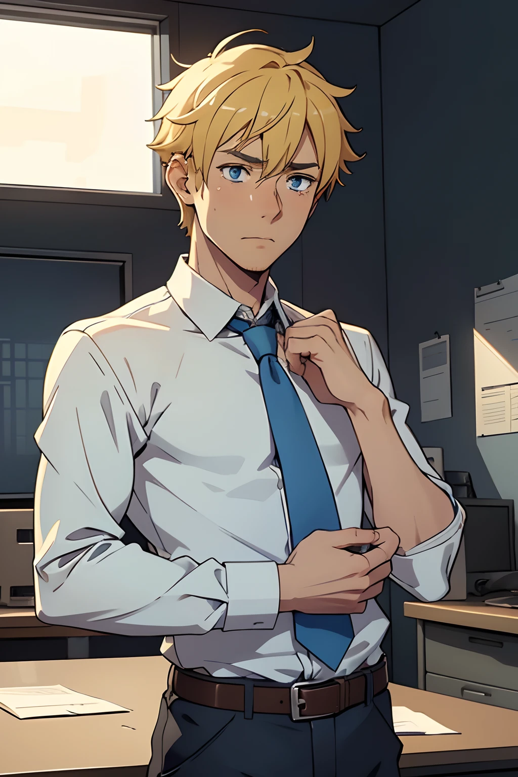 Adult male）,solo，A high resolution， Sharp focus， Pixiv masterpiece， （（Complicated details））， highly detailed， natsuki_subaru， 1 man，perfect male figure， Nervously bow your head，is shy，embarressed，，panicking，worry，Very eager to pee，full bodyesbian，sat in an office，Tired，decadent， blue color eyes（eyes glowing）， Short yellow hair，Yellow long-sleeved shirt，Wear a tie，Wear a belt，trousers，perspire，look from down,leans onto a desk,nervous,open lips,takes a deep breath,anxious,afraid,eyes welling up with tears, trying to hold back emotions,sad expression