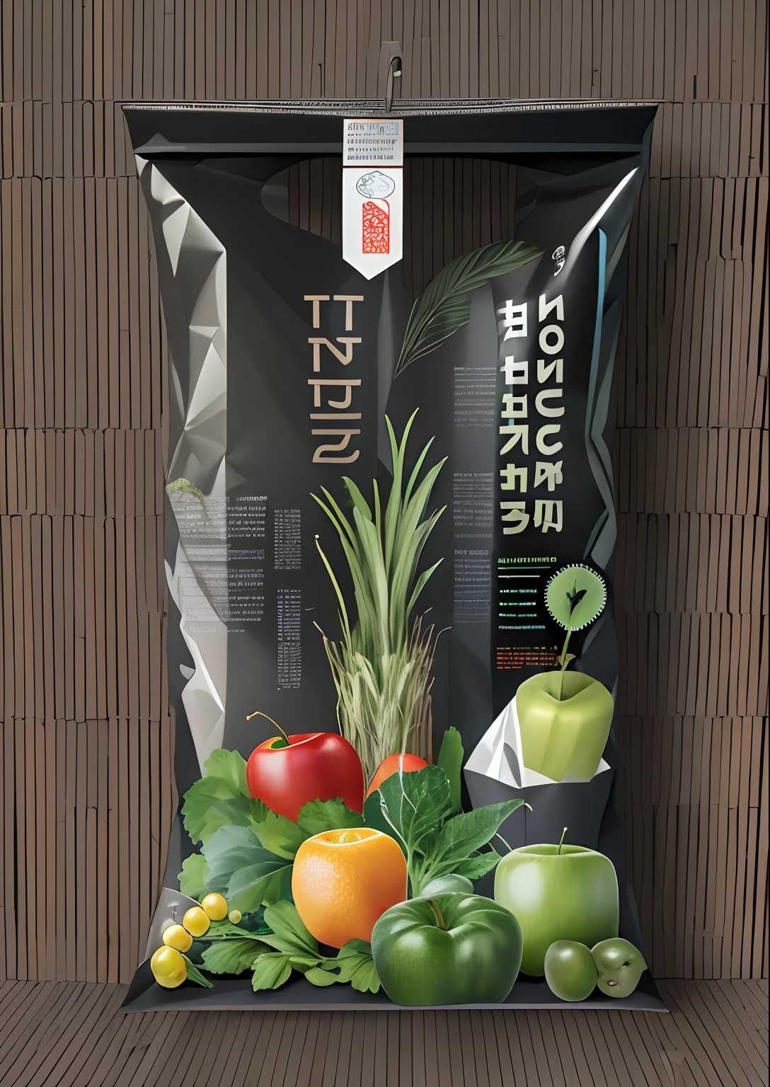 A kind of vertical fertilizer packaging bag,stereograms,The bag has folded edges,There are fruits and vegetables,There are English letters,k hd,hyper HD,16k,Morandi color matching