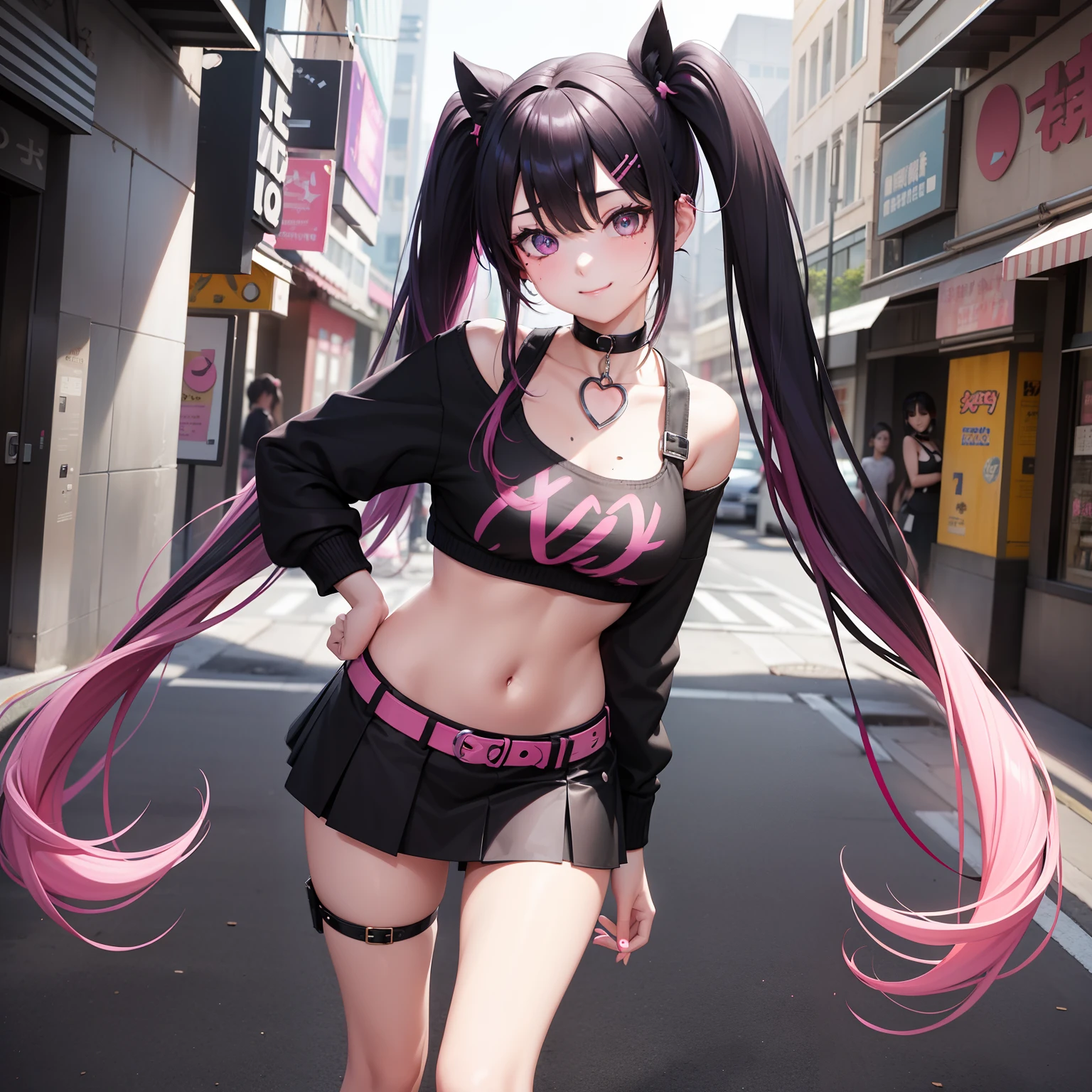 Leader of Runaway Bad Girl, Long Black Jumper, a cool、Pink mini skirt, Hair is pink long twin tails, Looking at the viewer, Front view,独奏、Moles under the eyes、Heart-shaped choker