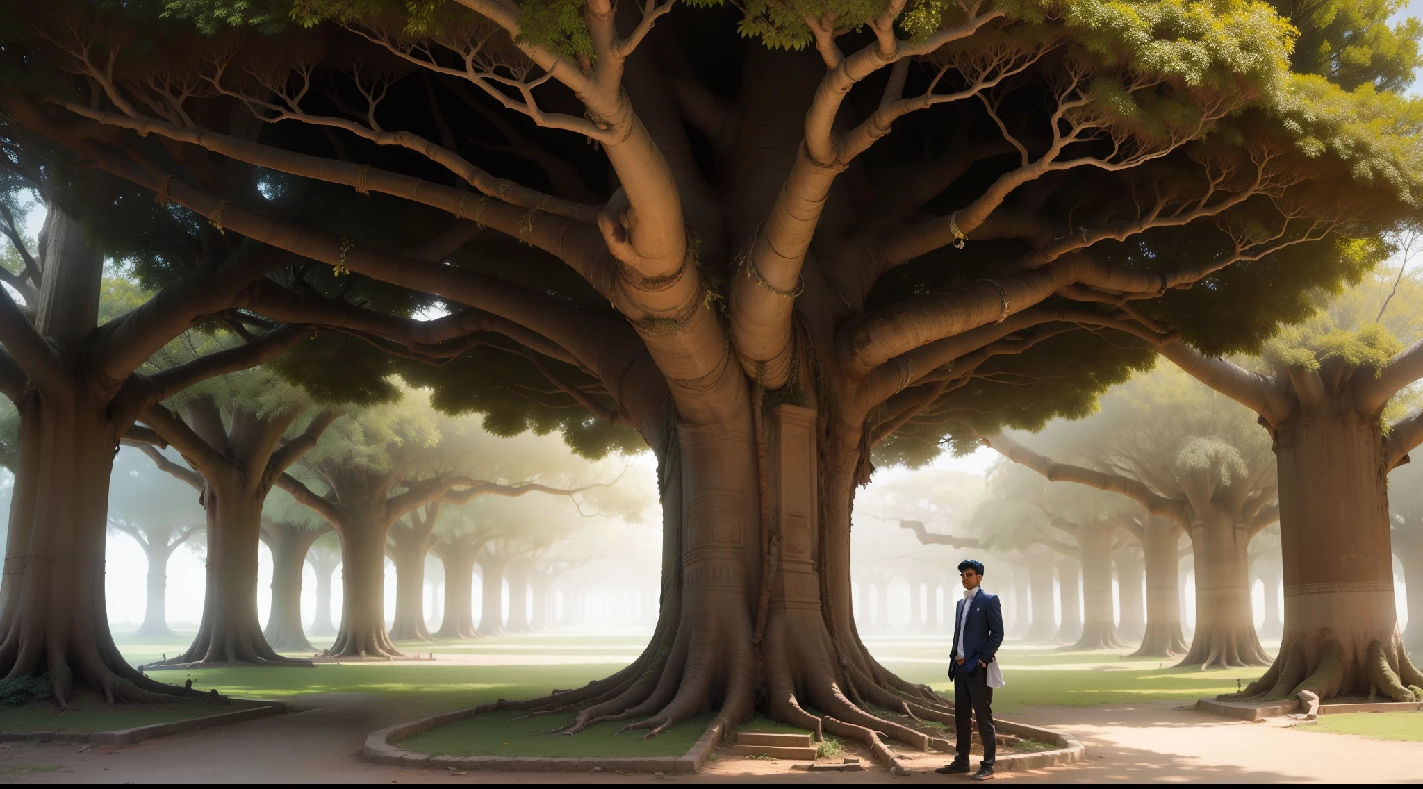 Rohan seeking out Mr. Gupta, standing beneath the ancient banyan tree.