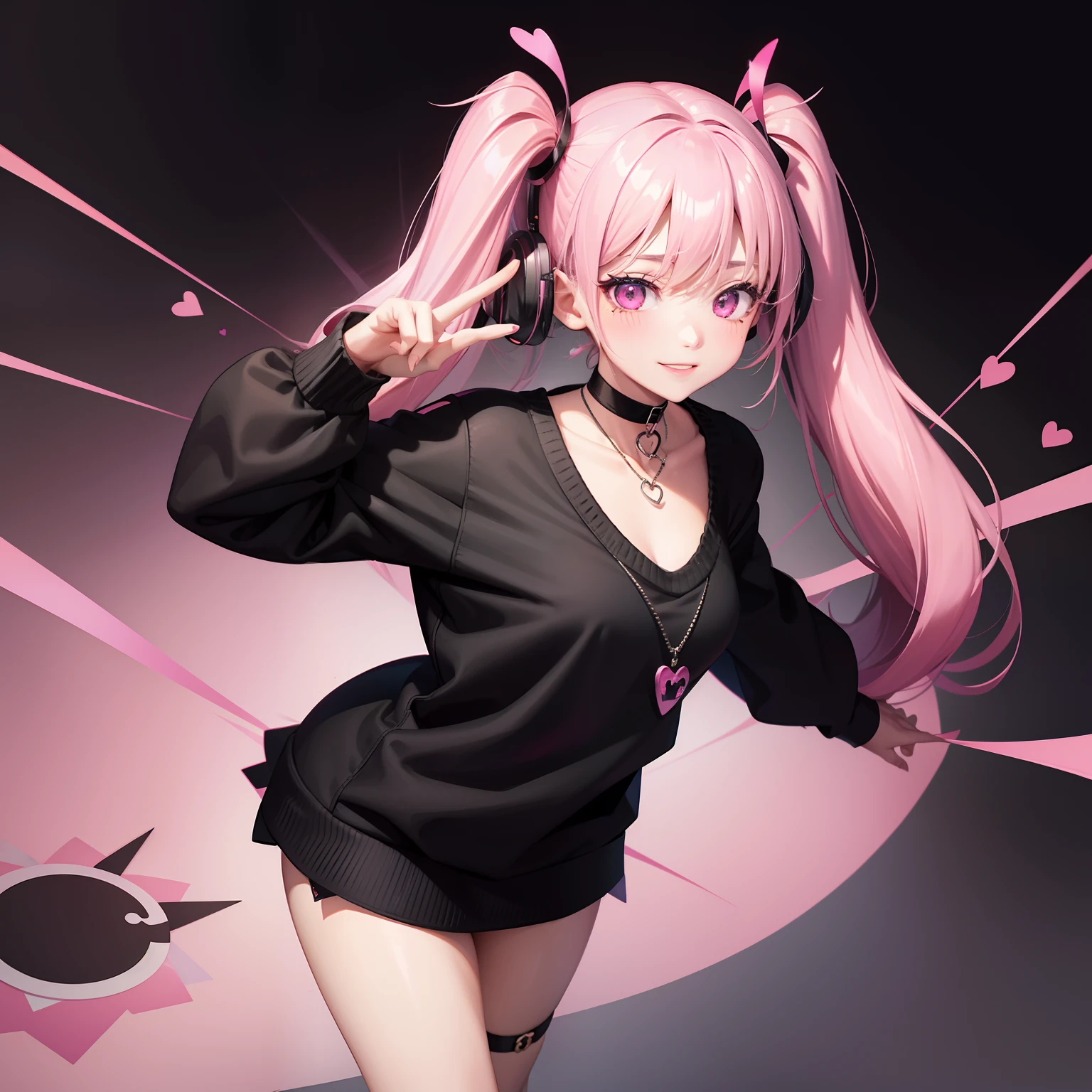 Leader of Runaway Bad Girl, Long Black Jumper, a cool、Pink mini skirt, Hair is pink long twin tails, Looking at the viewer, Front view,独奏、Moles under the eyes、Heart-shaped choker、A smile、bustling city