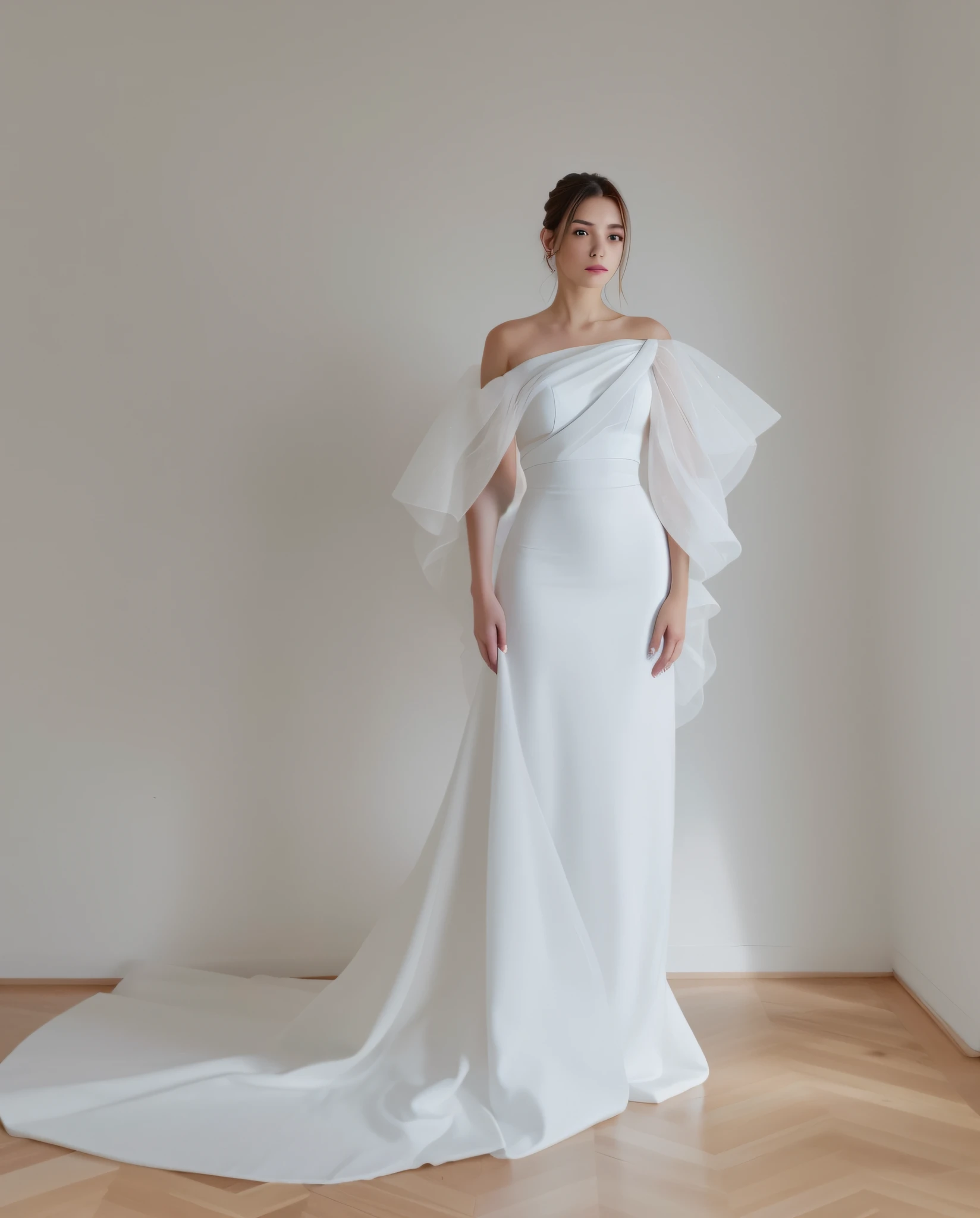 A woman in a white dress standing in a room, vestindo vestido longo, vestido branco, vestido, elegant asymmetrical, fluttering dress, vestido longo, vestido elegante macio, vestido vestido bonito vestido, elegante e gracioso, mangas volumosas, inspired by Adélaïde Victoire Hall, vestido poligonal branco, usando vestido de organza, julia sarda, mangas destacadas