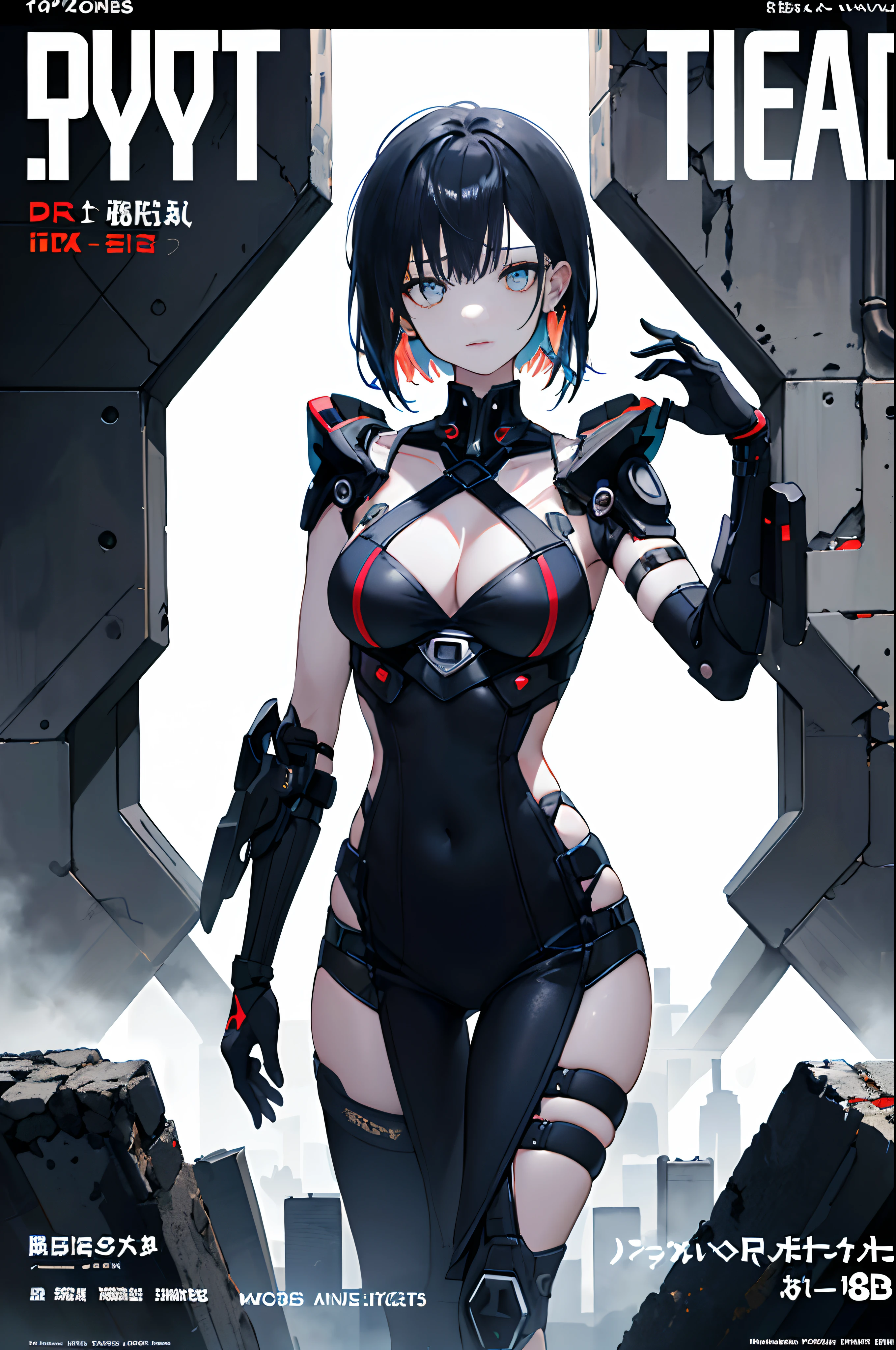 ((((Dramatic))), (((grittiness))), (((Intense))) The movie poster features a young woman as the central character。She stands confidently in the center of the poster,Wear fashion-forward cyborg-futuristic outfits,with a determined expression on her face。The background is dark and gritty,There is a sense of danger and a strong feeling。The text is bold and eye-catching,With catchy slogans,Adds to the overall drama and excitement。The color palette is dominated by dark colors,Dotted with bright colors,Make the poster dynamic and visually striking,tachi-e (Magazines:1.3), (Cover-style:1.3), Fashionab, woman, vibrant, Outfit, posing on a, Front,rich colourful,dyna,Background with,element in,self-assured,Expressing the,halter,statement,Attachment,A majestic,coil,Runt,Touching pubic area,Scenes,text,Cover of a,boldness,attention-grabbing,titles,Fashionab,typeface,Catchy,titles,more big,Smart、moderno、Trendy、focus-on、Fashionab、,tmasterpiece,Need,Best quality at best,Hyper-detailing,8K ,hyper HD