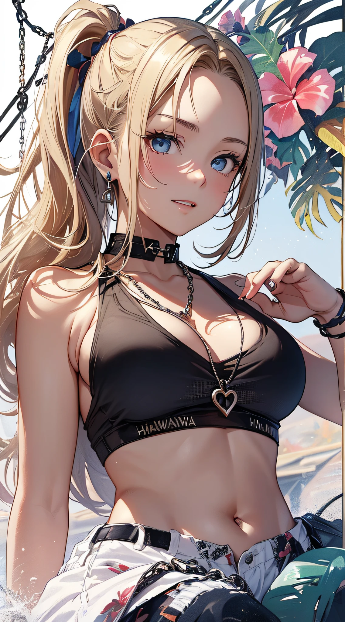 top-quality、Top image quality、​masterpiece、girl with((18year old、tatteredclothing、Black Navel Tank Top、White pants、Best Bust、Bust 85、a blond、disheveled ponytail、Blue eyes、open chest wide、Happiness、Chain Accessories、Black wristband on wrist、saluting、Lean forward to the viewer)）hiquality、visualart、Background with((Hawaiian))、masutepiece