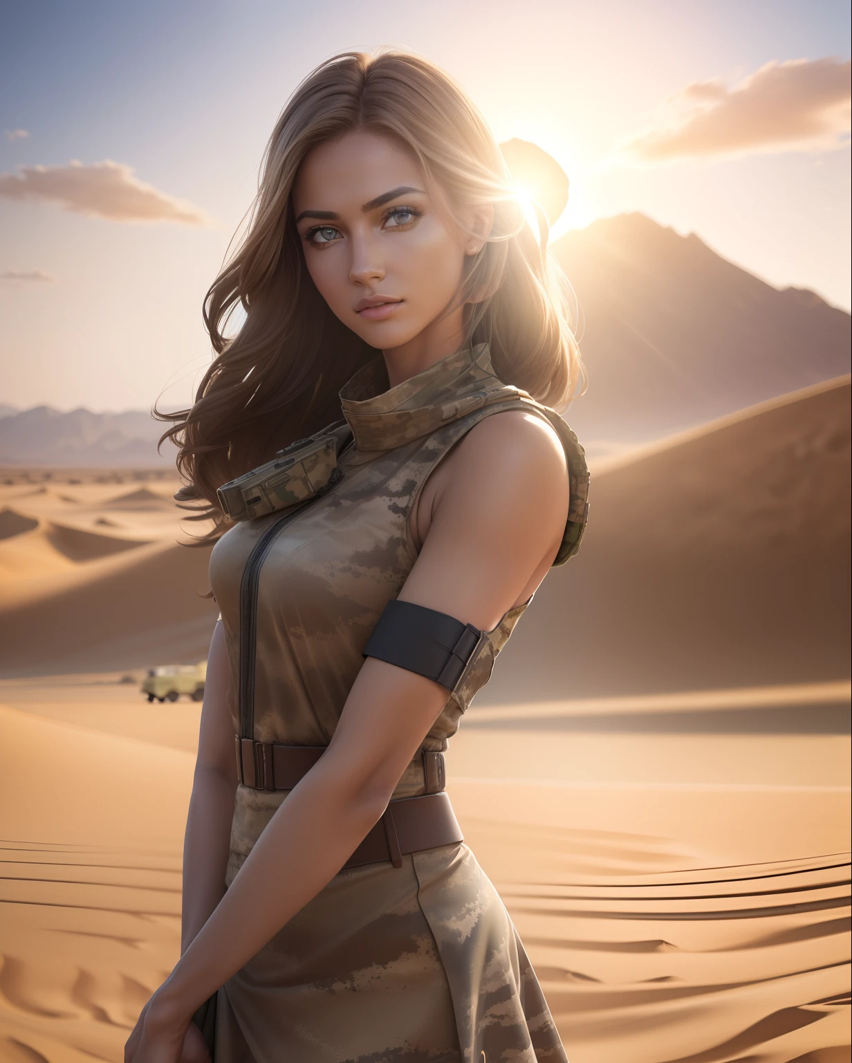 1girl, superb, elegant colors, (realistic, high detail, masterpiece, ultra-detailed, dynamic angle, amazing, cinematic lighting, illustration, chiaroscuro, backlight, god light, holland, best quality, best quality, wearing tight desert camouflage vest, wearing desert camouflage short skirt, posing good-looking, belting, wearing military watch, armored car with desert camouflage outdoors in background, digital painting, highly detailed, super high quality, professional photography, 8k, ultra hd, desert background, real skin texture , normal intact fingers, correct facial features, clear focus, eye-catching lighting, blue sky