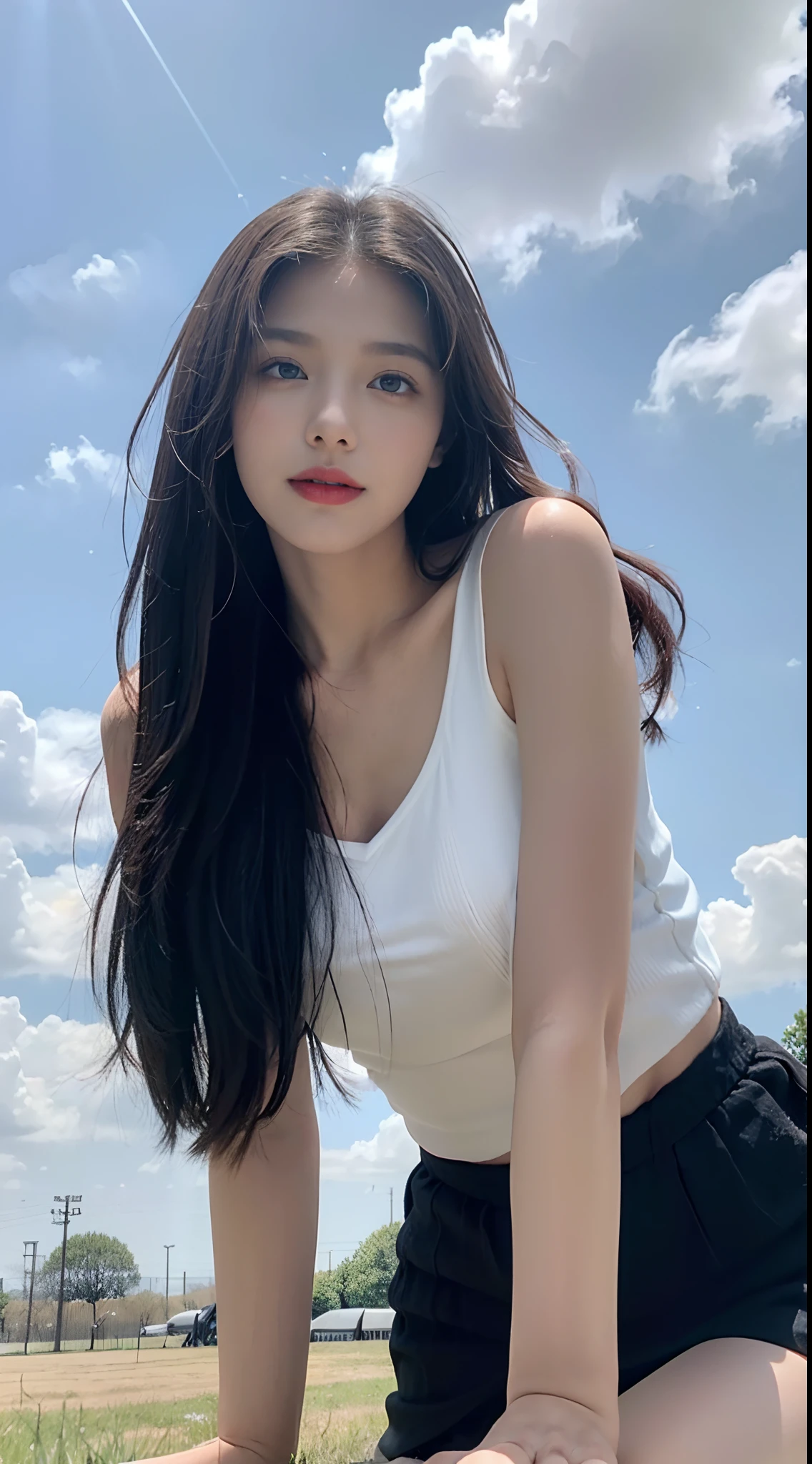 ((best qualtiy, 8K, tmasterpiece:1.3)), A pretty maiden,Pure,Melon seed face,gentle and cute,A sweet smile,Pure desire,Thin stature,(frontage),(Tilt your head),staring right into camera,uniform, Obi, formal,Black silky long, Straight hair,Long hair flowing over the shoulders,round black big eyes,Clear big eyes,Hydrated red lips,Sweet,Sit on the,with blue sky and white clouds,Blue skies,grassy fields,