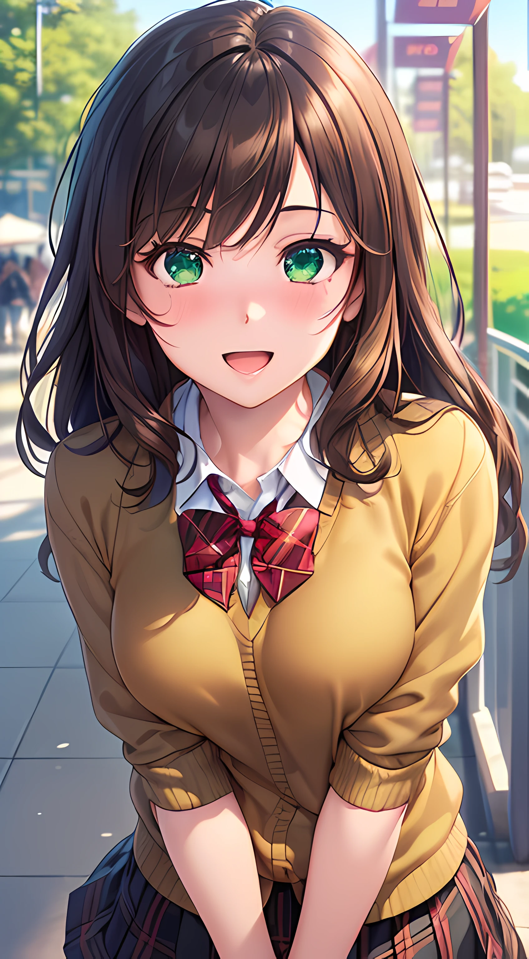 ((masterpiece, highest quality, High resolution, 超High resolution, Pixel perfect, Depth of written boundary, 4K, RTX, High resolution))), One girl, single, alone, Beautiful Anime Girls, Beautiful art style, Anime characters, ((Long Hair, bangs, Dark brown hair, Simple hairpin)), ((Green Eyes:1.4, Round eyes, pupil, Beautiful eyelashes, Realistic eyes)), ((Detailed face, Blushing:1.2)), ((Smooth texture:0.75, Realistic texture:0.65, Realistic:1.1, Anime CG Style)), Medium chest, ((Dynamic Angle, Cowboy Shot)), Perfect body, ((Red bow tie, , Black jacket, Open jacket, Brown cardigan, White shirt, Black Skirt, Checked skirt)), smile, Put your hands behind your back, Leaning forward, amusement park, cherry blossoms