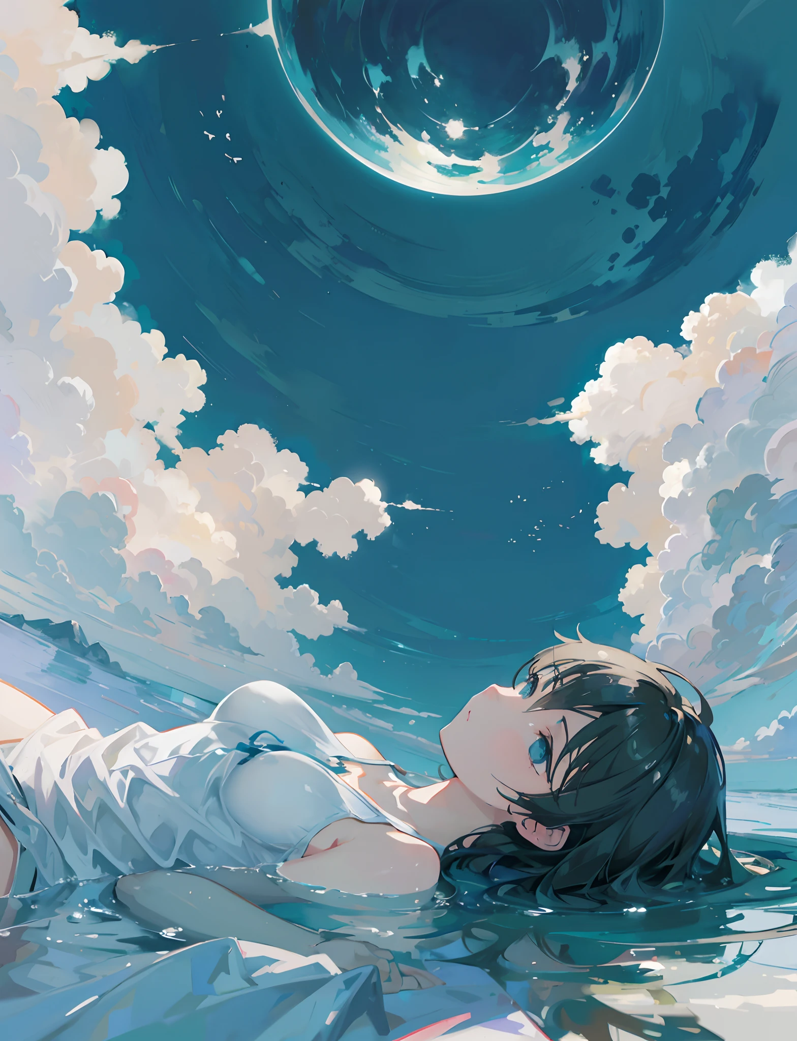 Create exquisite illustrations reminiscent of Makoto Shinkai's style, It has ultra-fine details and top-notch quality. Create an illustration depicting a beautiful girl lying on a bed of clouds,