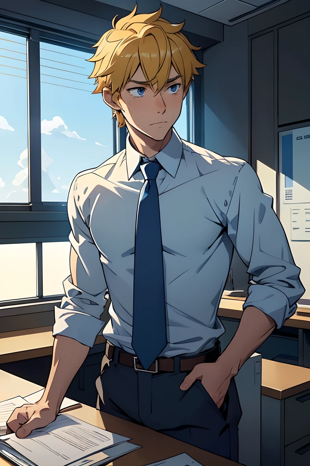 Adult male）,solo，A high resolution， loses focus， Pixiv masterpiece， （（Complicated details））， highly detailed， natsuki_subaru， 1 man，perfect male figure， Nervously bow your head，is shy，embarressed，，panicking，worry，Very eager to pee，full bodyesbian，sat in an office，Tired，decadent， blue color eyes（eyes glowing）， Short yellow hair，Yellow long-sleeved shirt，Wear a tie，Wear a belt，trousers，perspire，look from down,leans onto a desk,nervous,open lips,takes a deep breath,anxious,afraid,eyes welling up with tears, trying to hold back emotions,sad expression,(teary-eyed),lokks down