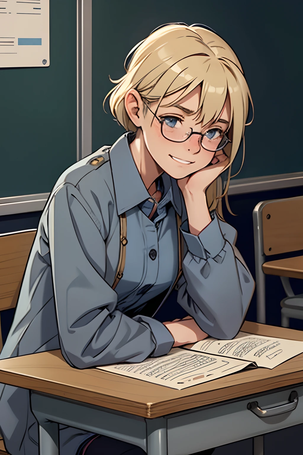 cute,blonde,blue spects, 1 girl, solo, in classsroom ,tension,lost in her toughts,grin,sleepy,uniform,clean and tidy class, grey coat,full sleeves shirt ,sitting in a desk,confused,alone,look down , shy,anxious,looks away,shocked,disappointed, ,compassionate,nderstanding