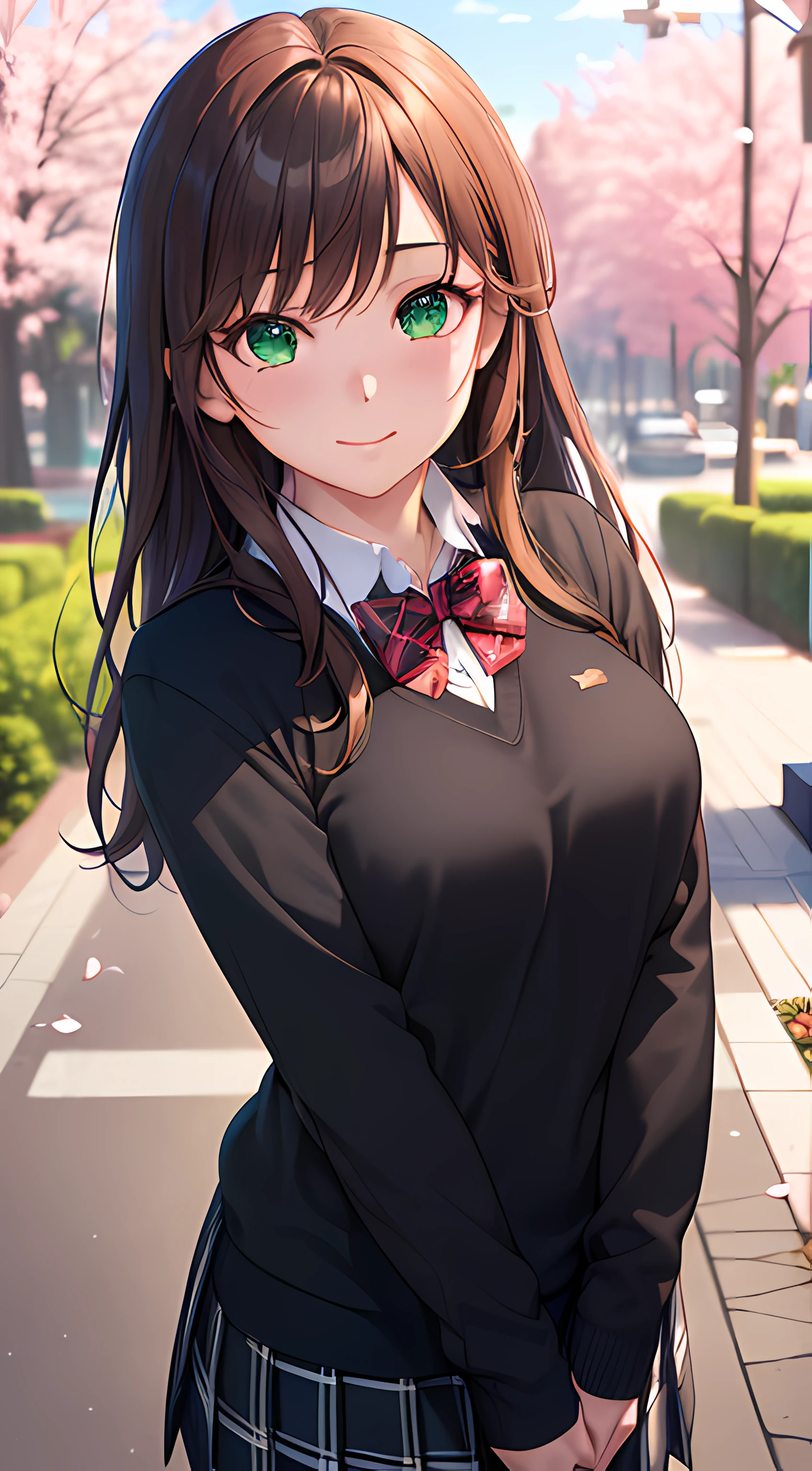 ((masterpiece, best quality, highres, UHD, perfect pixel, depth of field, 4k, RTX, HDR))), 1girl, single, solo, beautiful anime girl, beautiful artstyle, anime character, ((long hair, bangs, brown hair, curly hair:0.8)), ((green eyes:1.4, rounded eyes, beautiful eyelashes, realistic eyes)), ((detailed face, blushing:1.2)), ((smooth texture:0.75, realistic texture:0.65, photorealistic:1.1, anime CG style)), medium breasts, dynamic angle, perfect body, ((POV, close up)), ((red bowtie, school uniform, black sweater, white shirt, black skirt, plaid skirt)), smile, amusement park, cherry blossom