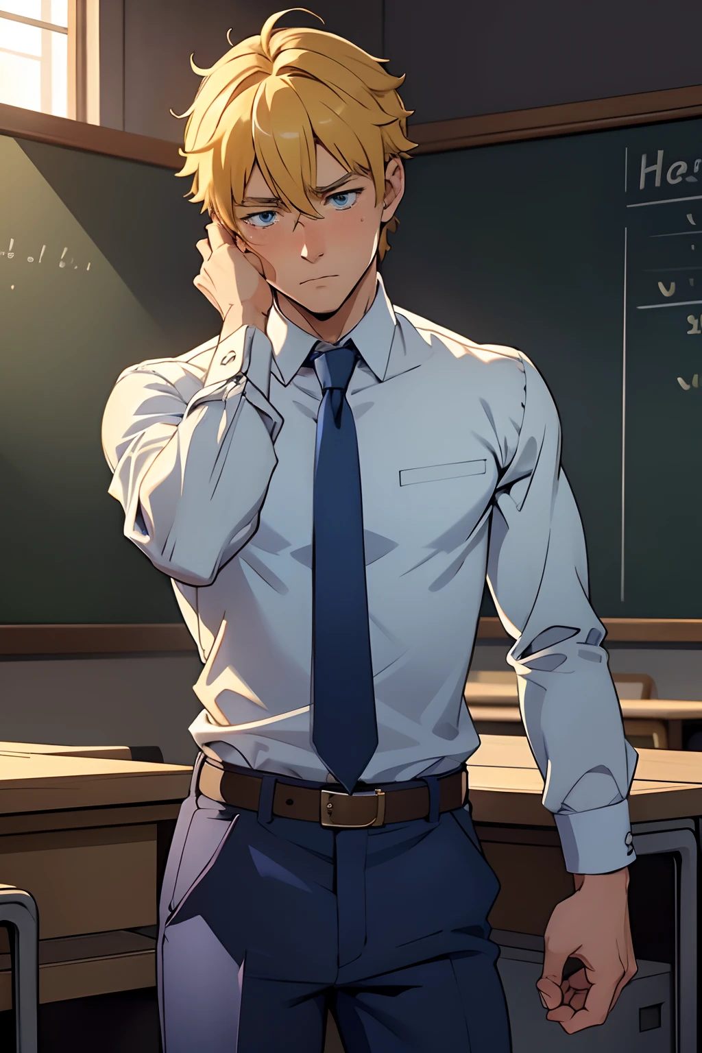 Adult male）,solo，A high resolution， loses focus， Pixiv masterpiece， （（Complicated details））， highly detailed， natsuki_subaru， 1 man，perfect male figure， sadly bow your head，is shy，embarressed，，panicking，worry，full bodyesbian，sat in an classroom，Tired，decadent， blue color eyes（eyes glowing）， Short yellow hair，Yellow long-sleeved shirt，Wear a tie，Wear a belt，trousers，perspire，look from down,leans onto a desk,nervous,open lips,takes a deep breath,anxious,afraid,eyes welling up with tears, trying to hold back emotions,sad expression,(teary-eyed),lokks down,nodding, wiping away his tears