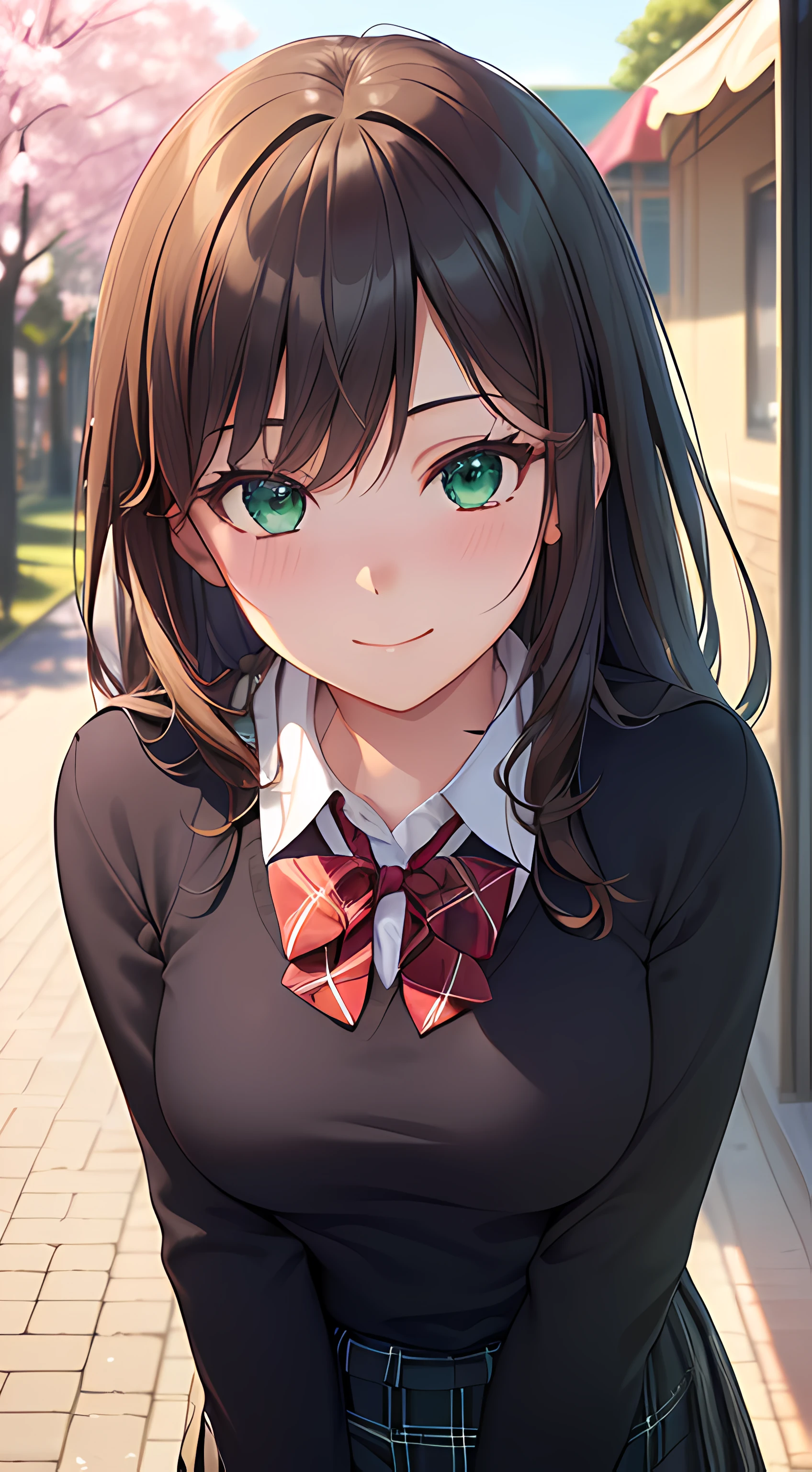 ((masterpiece, best quality, highres, UHD, perfect pixel, depth of field, 4k, RTX, HDR))), 1girl, single, solo, beautiful anime girl, beautiful artstyle, anime character, ((long hair, bangs, brown hair, curly hair:0.8)), ((green eyes:1.4, rounded eyes, beautiful eyelashes, realistic eyes)), ((detailed face, blushing:1.2)), ((smooth texture:0.75, realistic texture:0.65, photorealistic:1.1, anime CG style)), medium breasts, dynamic angle, perfect body, ((POV, close up)), ((red bowtie, school uniform, black sweater, white shirt, black skirt, plaid skirt)), smile, amusement park, cherry blossom