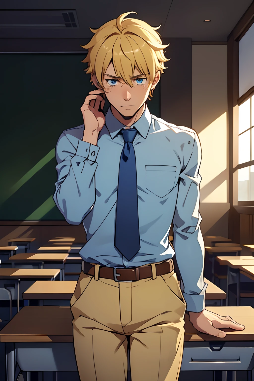 Adult male),solo,A high resolution, loses focus, Pixiv masterpiece, ((Complicated details)), highly detailed, natsuki_subaru, 1 man,perfect male figure, sadly bow your head,is shy,embarressed,,panicking,worry,full bodyesbian,sat in an classroom,Tired,decadent, blue color eyes(eyes glowing), Short yellow hair,Yellow long-sleeved shirt,Wear a tie,Wear a belt,trousers,perspire,look from down,leans onto a desk,nervous,open lips,takes a deep breath,anxious,afraid,eyes welling up with tears, trying to hold back emotions,sad expression,(teary-eyed),lokks down,nodding, wiping away his tears