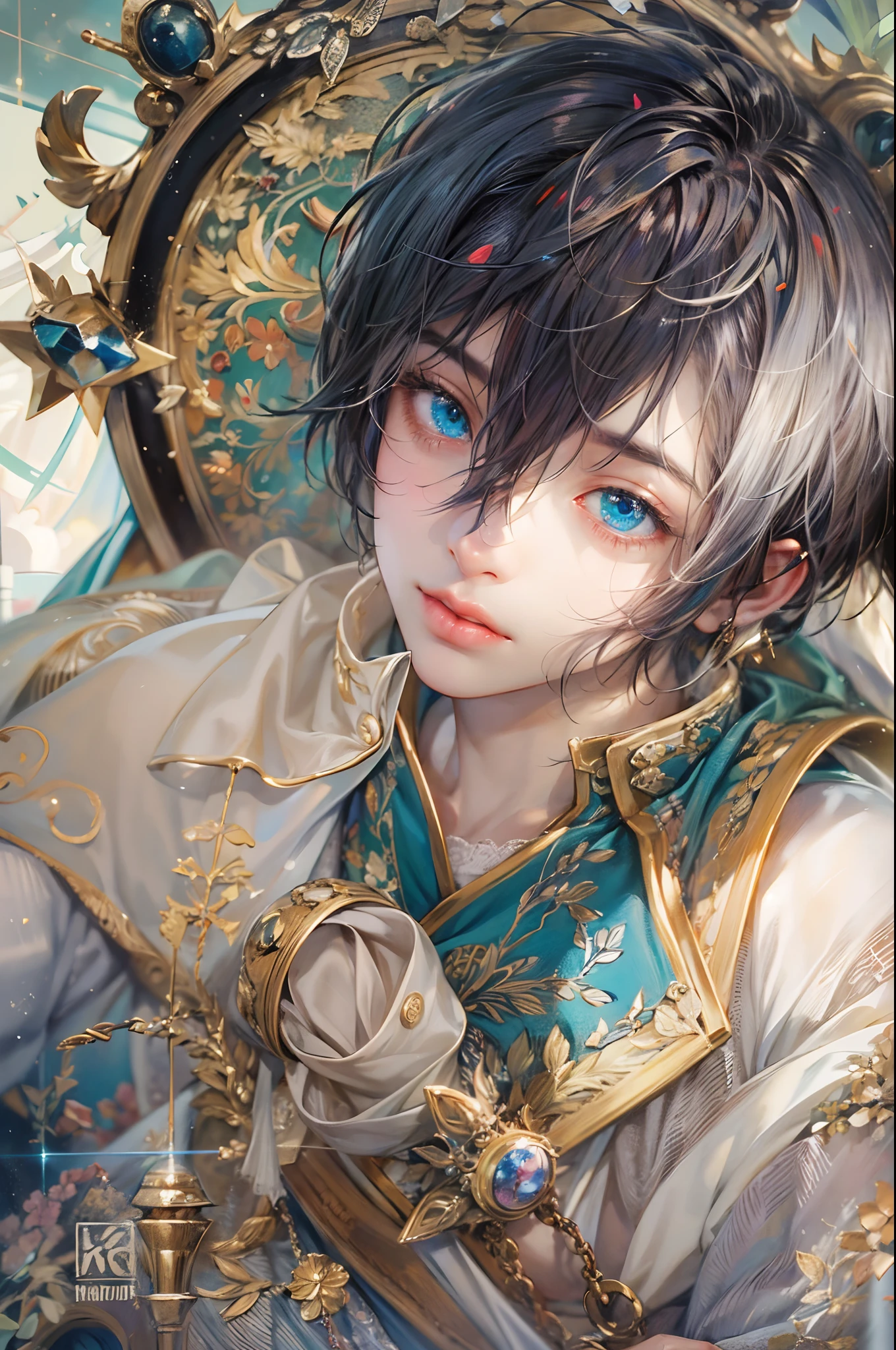 (absurdres, highres, ultra detailed, HDR), masterpiece, best quality, anime character, Anime Magi, short hair, handsome boy, anime eyes, detailed interior