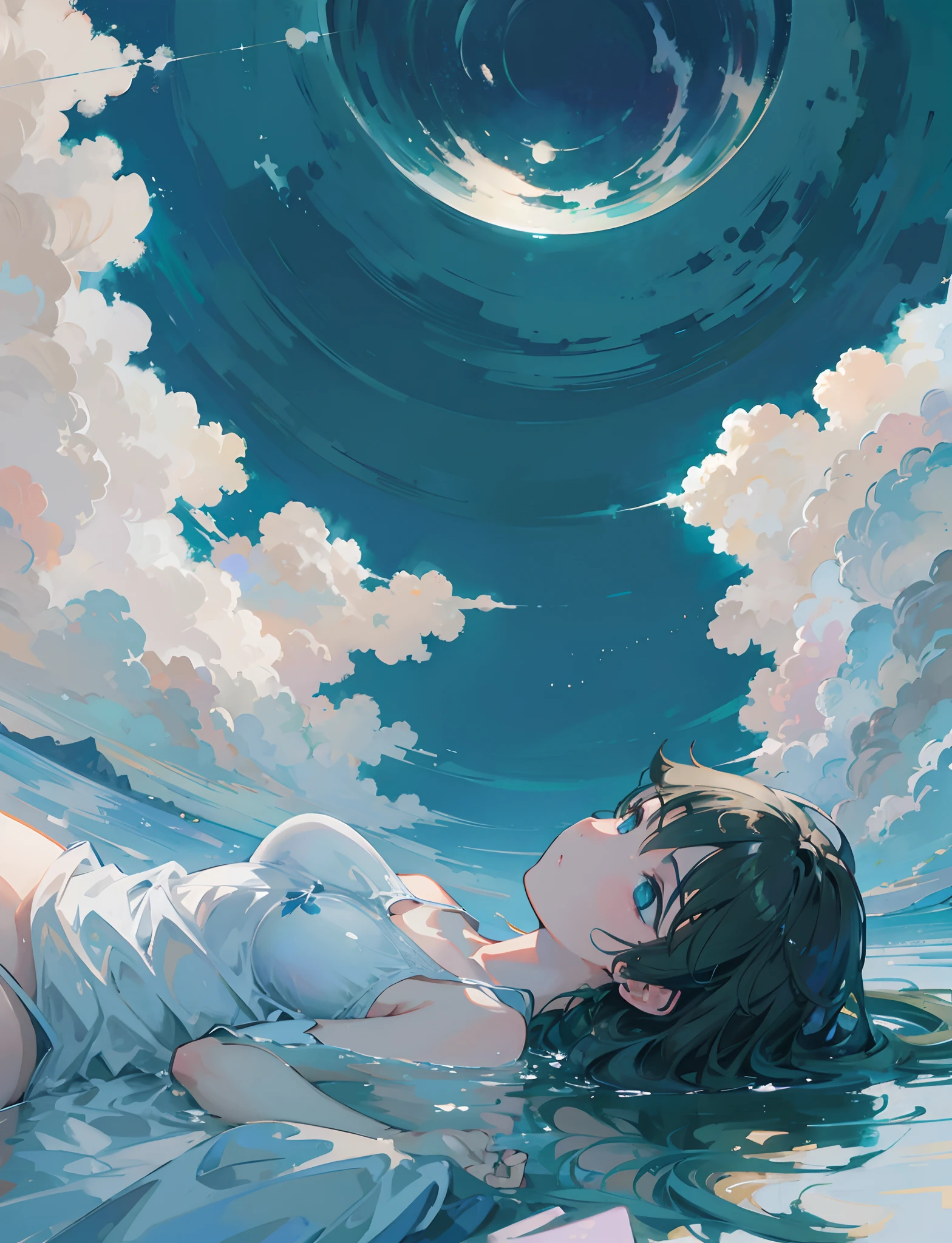 Create exquisite illustrations reminiscent of Makoto Shinkai's style, It has ultra-fine details and top-notch quality. Create an illustration depicting a beautiful girl lying on a bed of clouds,