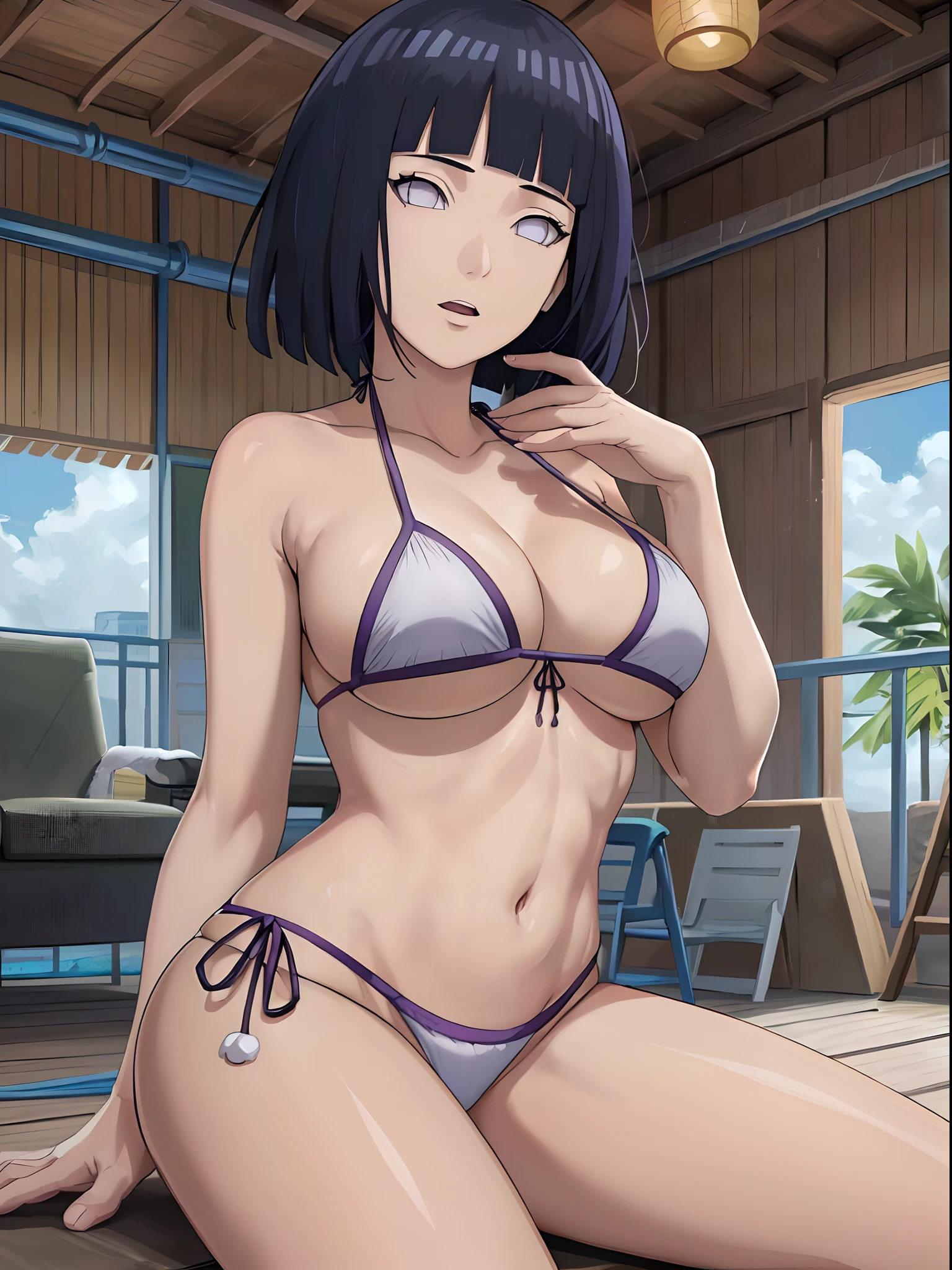 (WALLPAPER,  (hinata\(boruto\), (((1 girl, white string bikini))), masterpiece, 4k, vector coloring, fully body view, (scene: sexy girl sitting over w, location: pro wrestling arena), (high color saturation), contrast lighting, mature female, (curvy:0.8), solo, anime style, sharp focus, professional artwork, intricate details, colorful, vibrant colors, vivid colors, digital blending, ultra detailed body, ultra detail hair, ultra detail face, trending on pixiv, very hot colors, ((())), detailed bold arm lines, high color saturation, bold lines, bold drawing lines), (head tilt), open mouth),
((dark blue hair color:1.1), wavy hair, ((short hair, hime cut)),
(white skin, (fair skin), slender body, milf, perfect face),
(legs, big breasts, off-shoulders, (detailed shoulders, detailed arm lines)), 
(bare shoulders, bare legs),