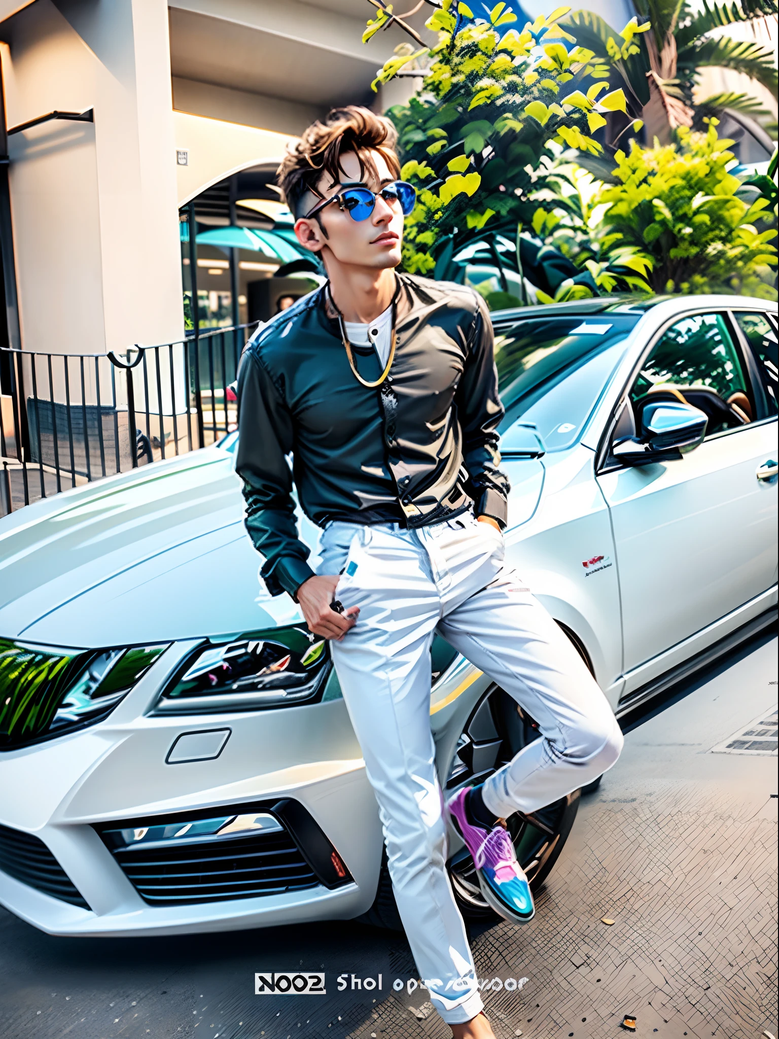 arafed man leaning on a car with a necklace and sunglasses, with a cool pose, looking heckin cool and stylish, assamese aesthetic, full body picture, riyahd cassiem, high quality picture, mohamed chahin style, aesthetic shot, highly aesthetic, smooth in _ the background, Best quality, 1024k, 1024k, perfect body, ultra detailed face, , detailed eyes handsome boy, realistic face, ultra realistic