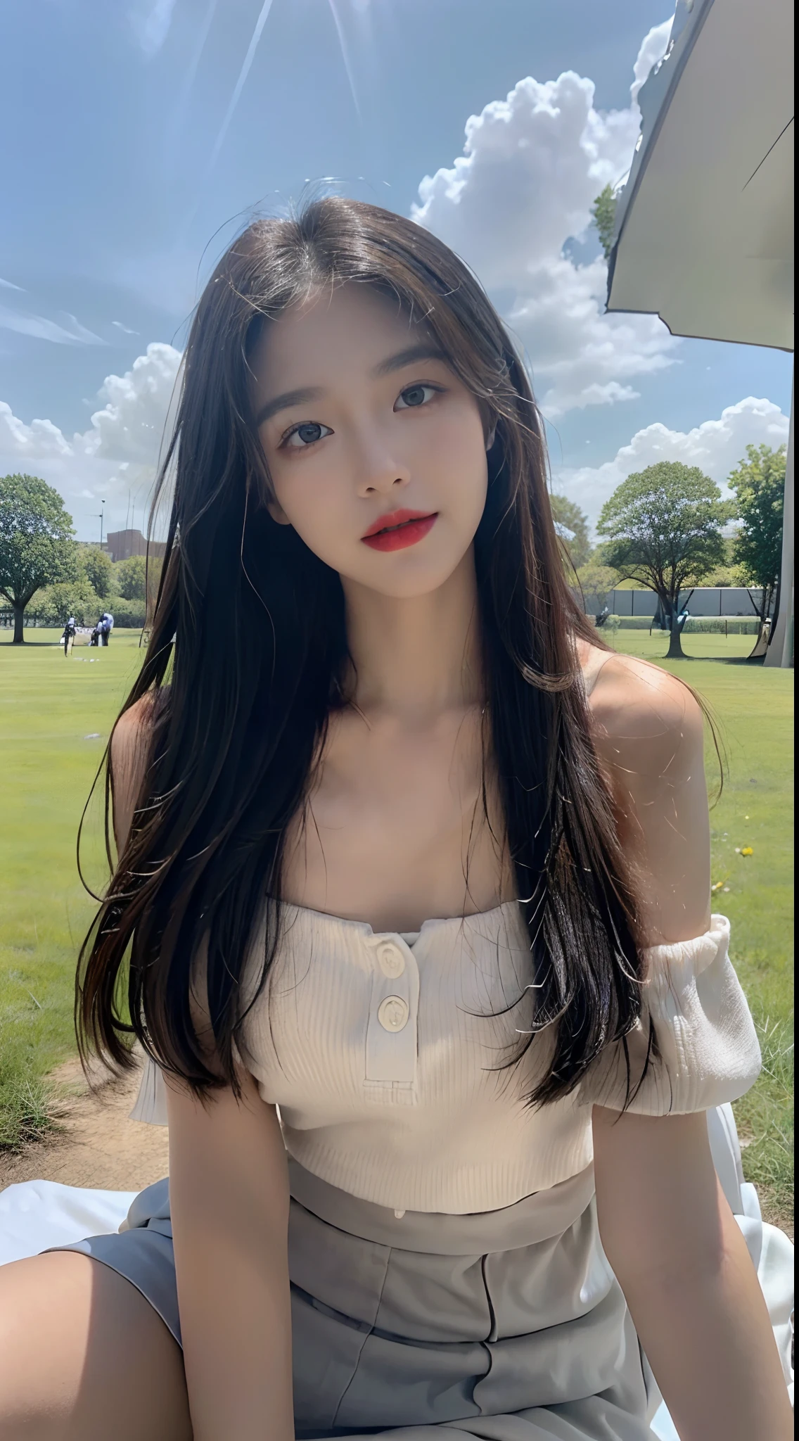 ((best qualtiy, 8K, tmasterpiece:1.3)), A pretty maiden,Pure,Melon seed face,gentle and cute,A sweet smile,Pure desire,Thin stature,(frontage),(Tilt your head),staring right into camera,uniform, Obi, formal,Black silky long, Straight hair,Long hair flowing over the shoulders,round black big eyes,Clear big eyes,Hydrated red lips,Sweet,Sit on the,with blue sky and white clouds,Blue skies,grassy fields,