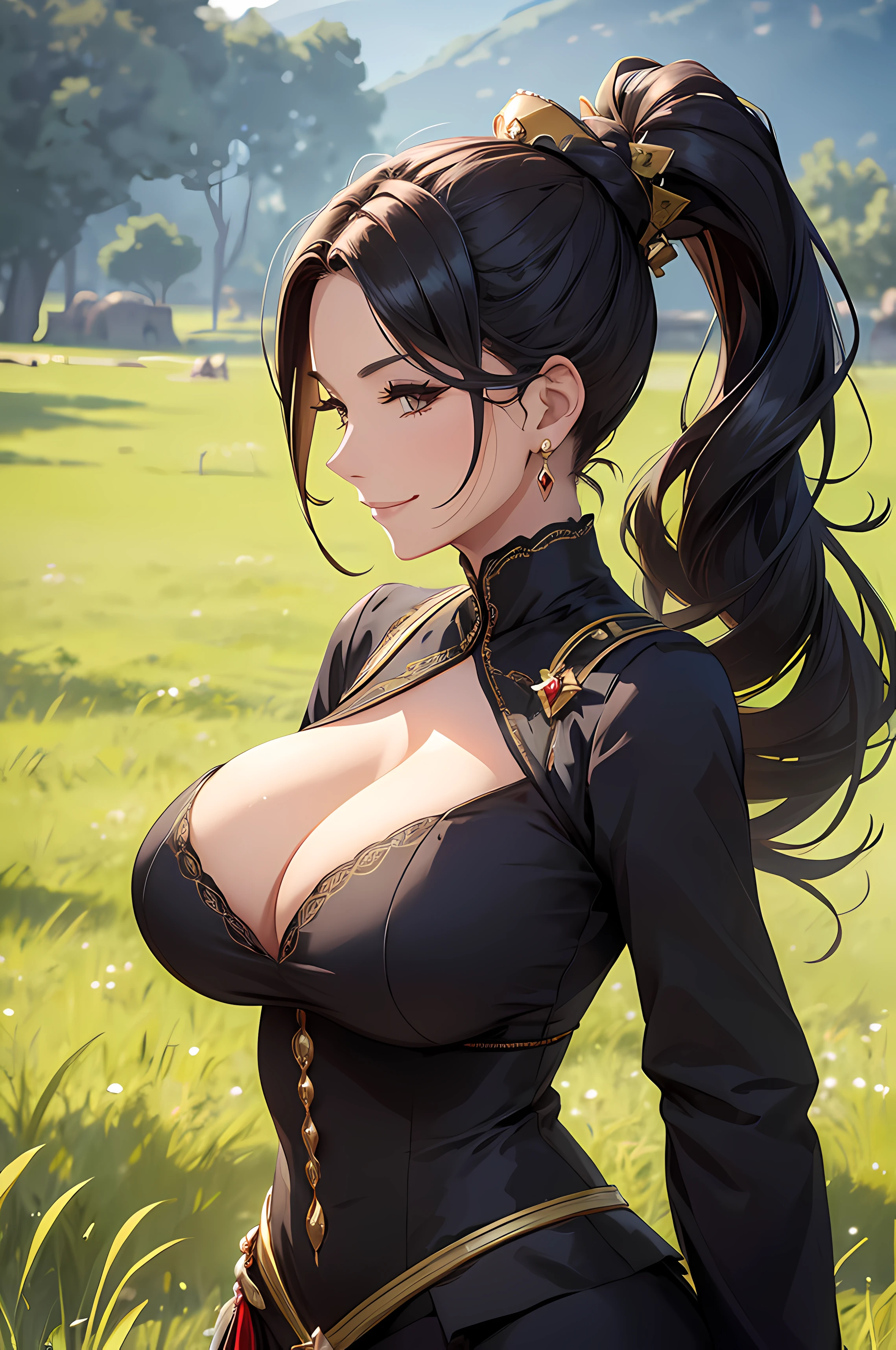 A beautiful Women, ((royalty cloth)), ((grassland background)) , perfect body figure, very big breast, very big ass, age 46, middle age, milf, black long ponytail hair, floating hair, royal, domineering pose, beautiful face, smile