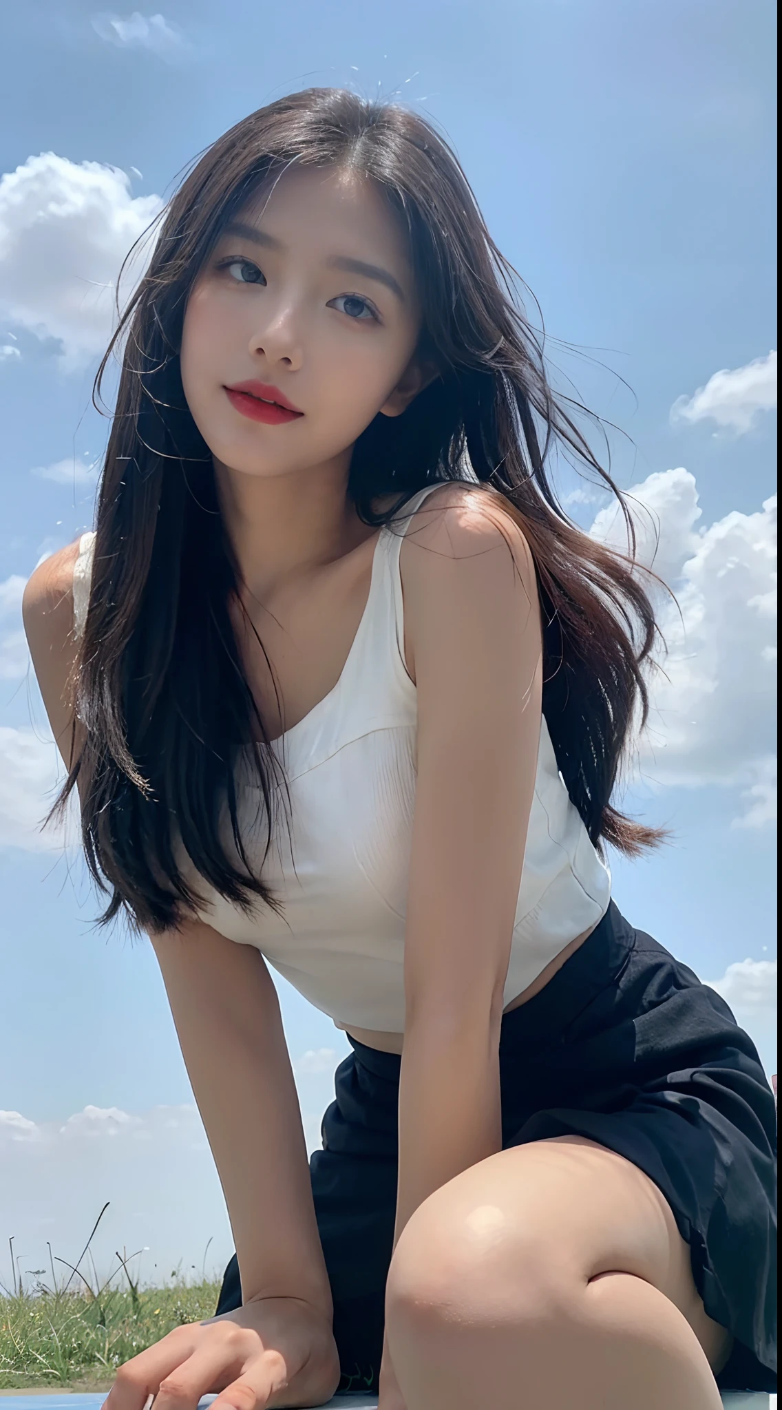 ((best qualtiy, 8K, tmasterpiece:1.3)), A pretty maiden，Pure，Melon seed face，gentle and cute，A sweet smile，Pure desire，Thin stature，(frontage)，(Tilt your head)，staring right into camera，uniform, Obi, formal，Black silky long, Straight hair，Long hair flowing over the shoulders，round black big eyes，Clear big eyes，Hydrated red lips，Sweet，Sit on the，with blue sky and white clouds，Blue skies，grassy fields，