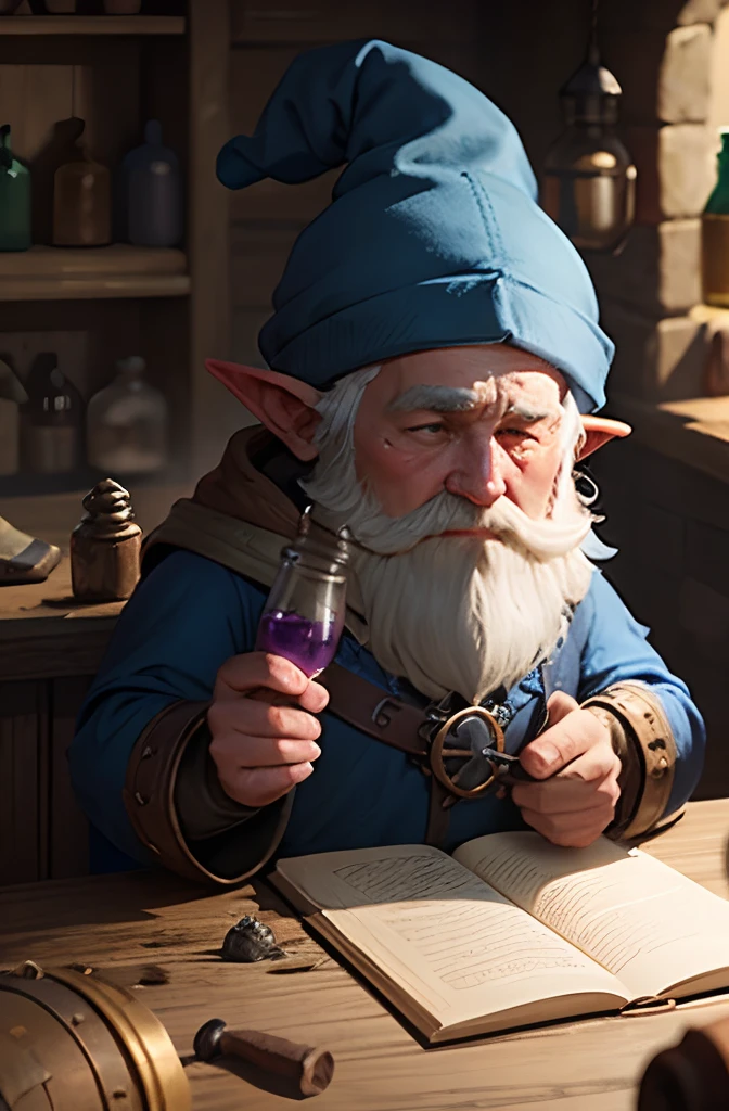 Medieval Alchemist Gnome RPG holding a healing potion and wearing blue clothes