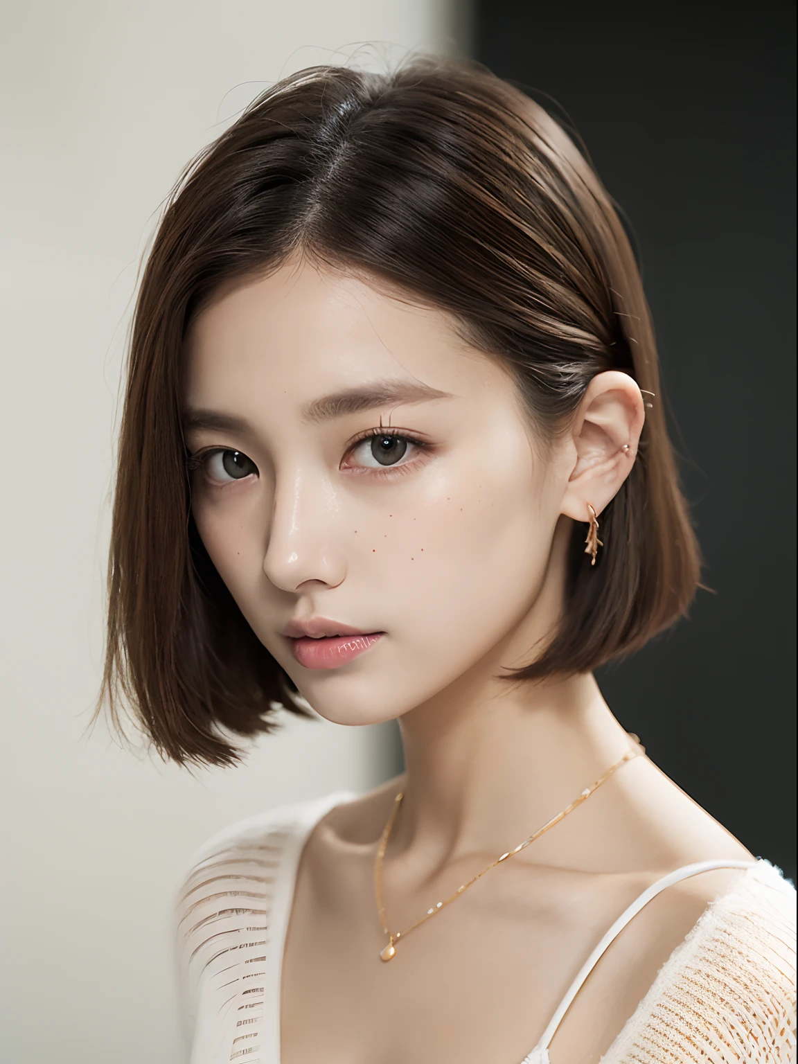top-quality:1.3、​masterpiece、hight resolution、［1 girl in］、｛独奏｝、Raw photo、Real person、Photo of a seductive woman with a loose style of brown hair, Pose in the room, tedium, mascara, ,(Textured skin, Skin pores:1.1), (Mole:0.8), (Imperfect skin:1.1) intricate detailes, goose bumps, face perfect, (hitornfreckles:0.9), ((Photorealsitic):1.1), (Unripe, 8K:1.2), murky, Subdued Color,、Detailed skin、japanes、brawn hair、thin bunches of bangs、waved hair、Floating hair、fullllbody,Sweat knitwear、catchlight、piercings、a necklace、white walls、