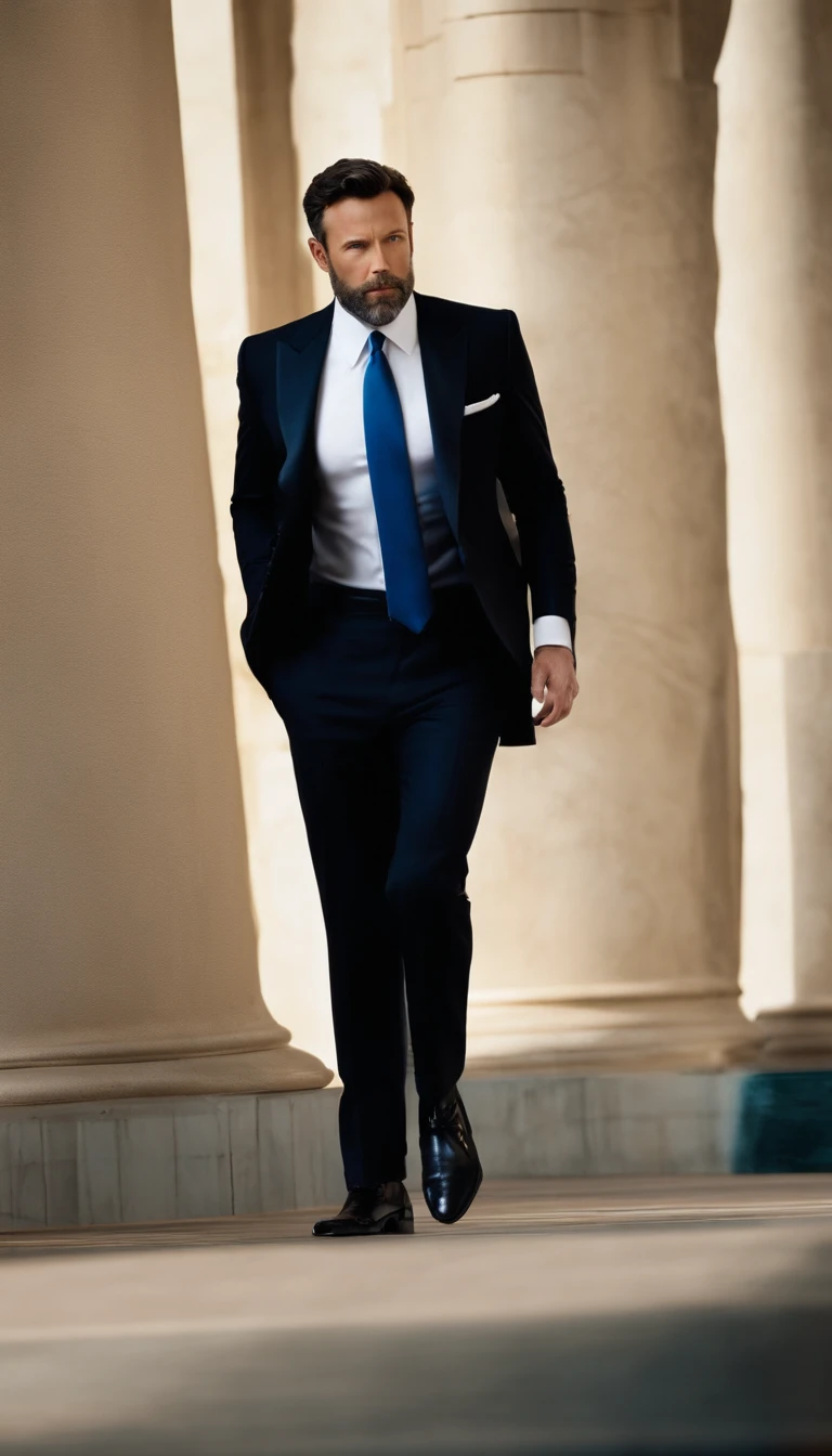1Ben Affleck、top-quality、Top image quality、The upper part of the body, black tuxedo, blue necktie, standing