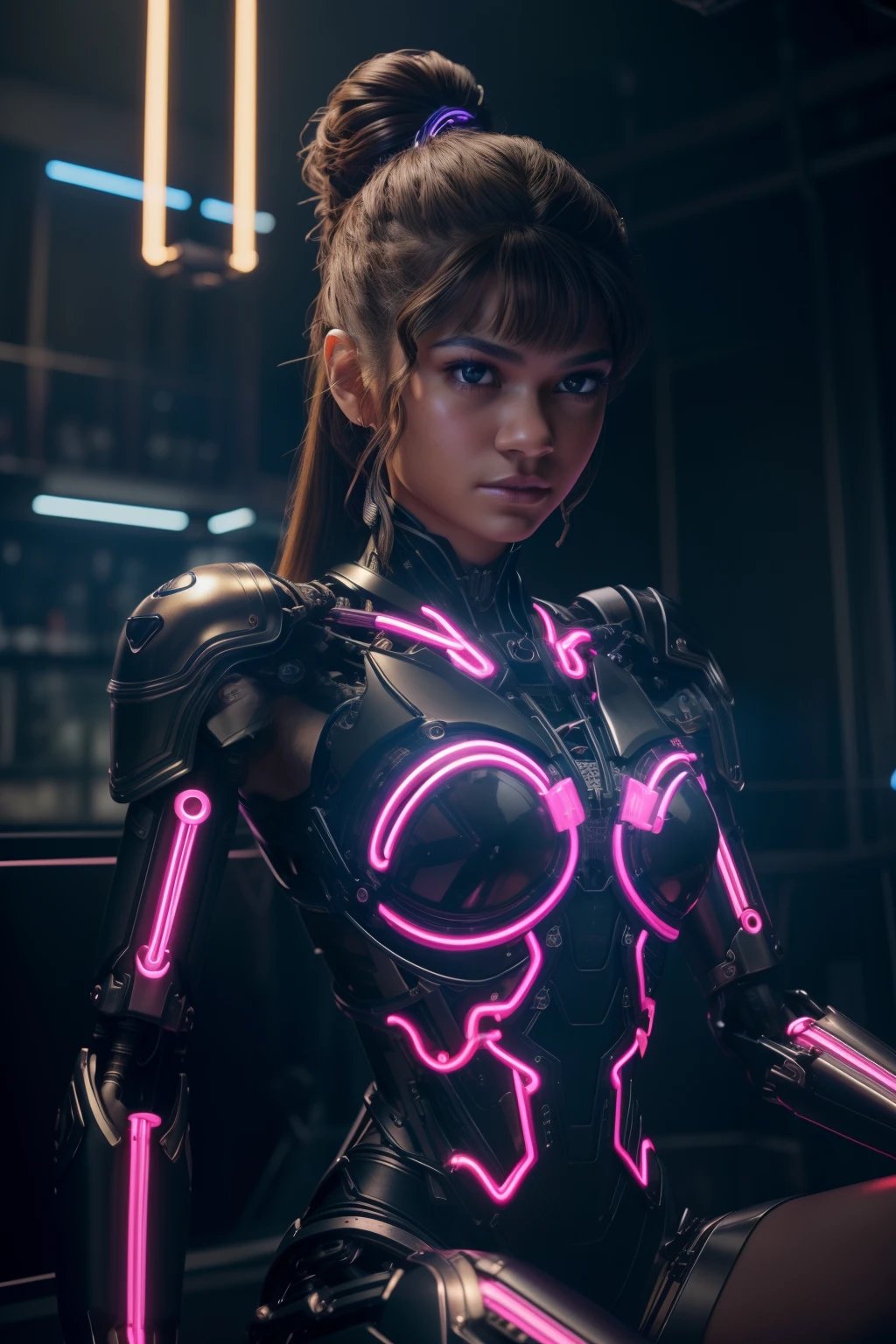 Young Zendaya, Top Quality, Masterpiece, Ultra High Resolution, (Photorealistic: 1.4), Raw Photo, 1 Girl, Blonde Hair, Glossy Skin, 1 Mechanical Girl, (Ultra Realistic Details)), Standing in cyberpunk cafe, Global Illumination, Shadows, Octane Rendering, 8K, Ultra Sharp, Big, Cleavage Exposed Raw Skin, Metal, Intricate Ornament Details, Egyptian Details, Very intricate details, realistic light, CGSoation trend, purple eyes, glowing eyes, facing the camera, neon details, mechanical limbs, blood vessels connected to the tube, mechanical vertebrae attached to the back, mechanical cervical attachment to the neck, sitting, wires and cables connecting to the head, evangelion, small LED lamp, Neon Highlights to outfit.
