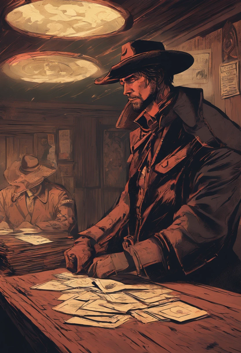 "(Best quality, A high resolution),Red Dead Redemption 2 style,Dark room,Western-style sheriffs, 6 men,In a dark room,interiors,Stand in front of the table,cowboy hat,revolvers,cigarettes,Narrow beam,Atmospheric shadows,Leather jacket and vest,Old wooden table,Dust particles floating in the air,Sharp focus,gritty texture,Vivid colors,Moody lighting",sheriff hat,sheriff badge,justice, light room,in sheriffs office