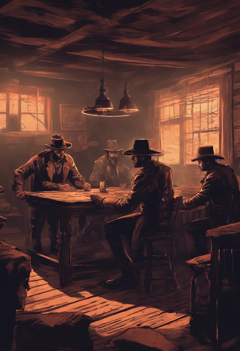 "(Best quality, A high resolution),Red Dead Redemption 2 style,Dark room,Western-style sheriffs, 6 men,In a dark room,interiors,Stand in front of the table,cowboy hat,revolvers,cigarettes,Narrow beam,Atmospheric shadows,Leather jacket and vest,Old wooden table,Dust particles floating in the air,Sharp focus,gritty texture,Vivid colors,Moody lighting",sheriff hat,sheriff badge,justice, light room,in sheriffs office