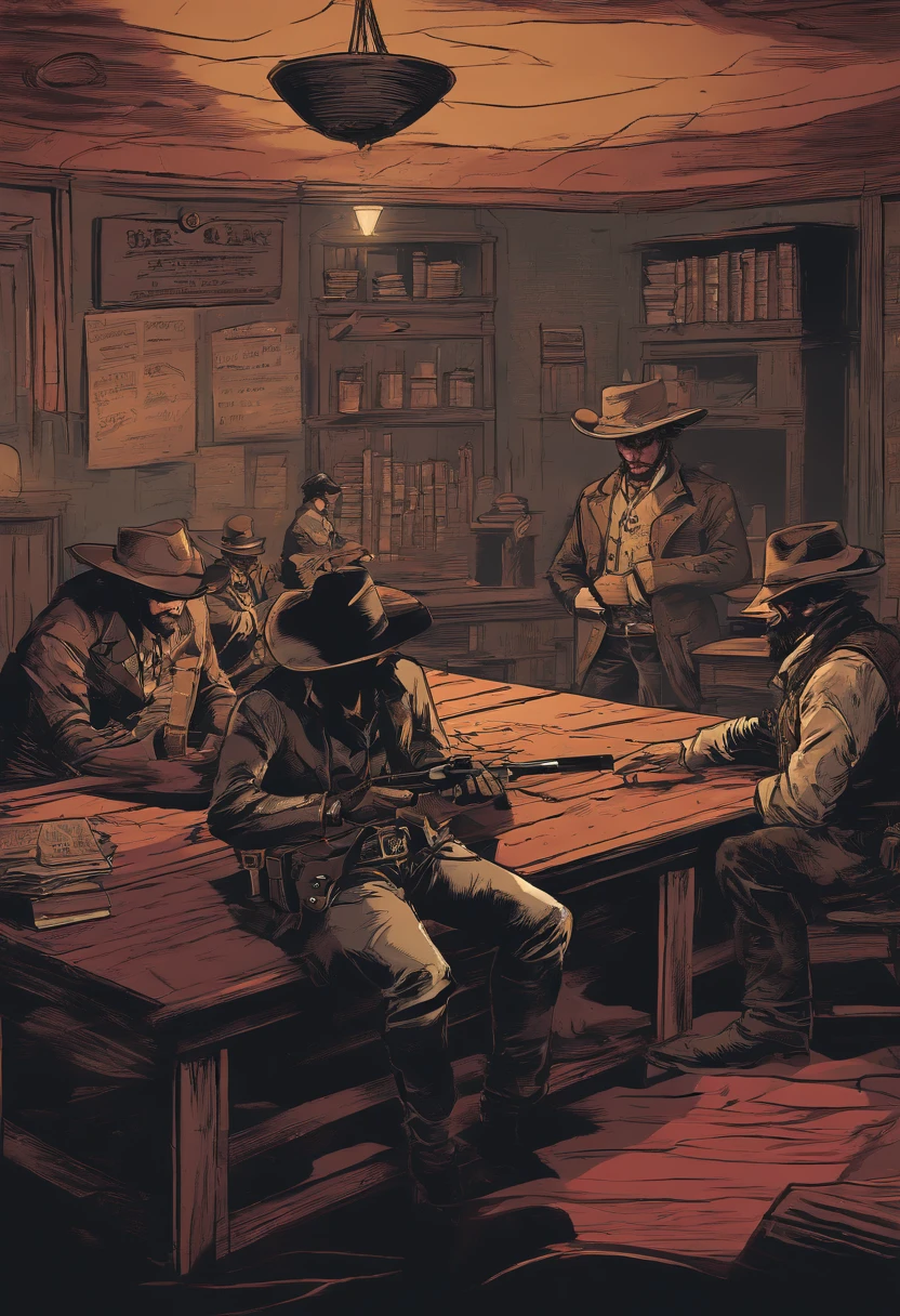 "(Best quality, A high resolution),Red Dead Redemption 2 style,Dark room,Western-style sheriffs, 6 men,In a dark room,interiors,Stand in front of the table,cowboy hat,revolvers,cigarettes,Narrow beam,Atmospheric shadows,Leather jacket and vest,Old wooden table,Dust particles floating in the air,Sharp focus,gritty texture,Vivid colors,Moody lighting",sheriff hat,sheriff badge,justice, light room,in sheriffs office