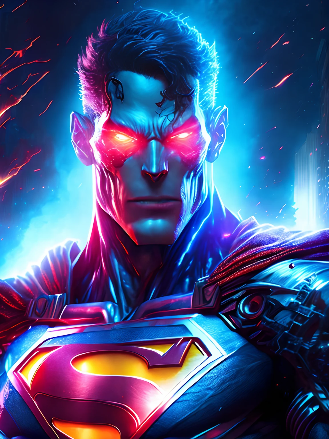 Retrato sombrio do Zombie Cyborg Superman da DC, extremamente detalhado, futuristic cityscape, noite, glowing neon lights, smoke billowing, Sparks, Metal shavings, detritos voadores, efeitos da energia azul, volumetric light
