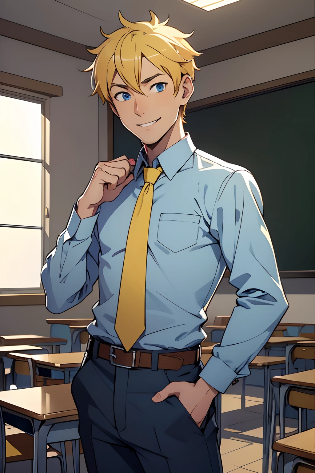 1 young male),A high resolution, Sharp focus, Pixiv masterpiece, ((Complicated details)), highly detailed, natsuki_subaru, 1 man,perfect male figure, determined walk,is shy,embarressed,exhilarated,happy,worry,Very eager to ask out a girl,,full bodyesbian,wlking in a classroom,Tired,decadent, blue color eyes(eyes glowing), Short yellow hair,Yellow long-sleeved shirt,perfrctly dressed ,Wear a tie,Wear a belt,trousers,perspire,look stright,box filled with cookies,offers a cookie,smile,laughing,having fun