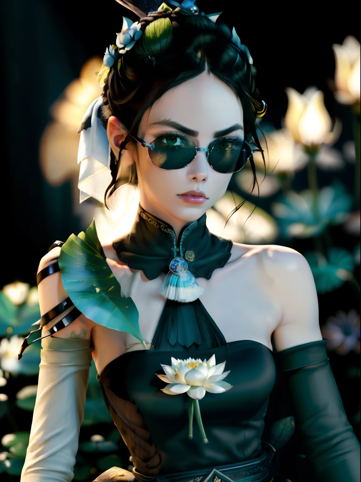 (High quality: 1.3), cinematic shot, Masterpiece, (mise au point nette: 1.5), (photoreallistic: 1.3),tatouage d'une fleur de lotus et de papyrus, avec des tige de papyrus bien vert, A black beetle with shades of blue mounts a papyrus stem , volumeric lighting, Complex details, UHD,