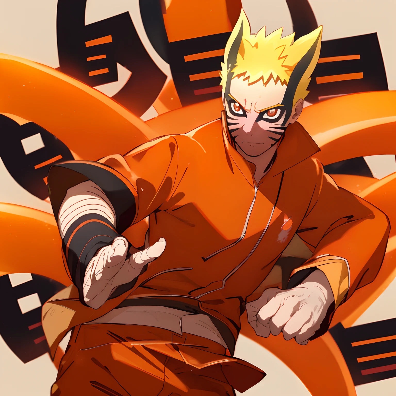 1st grade, Naruto_bárion, hand_Ataduras,  rosto_Marcas, todo_corpo vermelho_Background Story, simples_Background Story, roupa laranja vermelha, brilhar, cabo, sozinho, max quality,