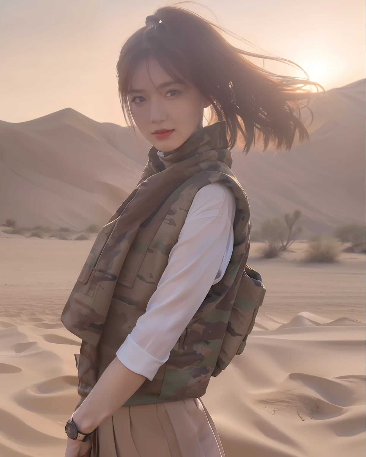 1girl, superb, elegant colors, (realistic, high detail, masterpiece, ultra-detailed, dynamic angle, amazing, cinematic lighting, illustration, chiaroscuro, backlight, god light, holland, best quality, best quality, wearing tight desert camouflage vest, wearing desert camouflage short skirt, posing good-looking, belting, wearing military watch, armored car with desert camouflage outdoors in background, digital painting, highly detailed, super high quality, professional photography, 8k, ultra hd, desert background, real skin texture , normal intact fingers, correct facial features, clear focus, eye-catching lighting, blue sky