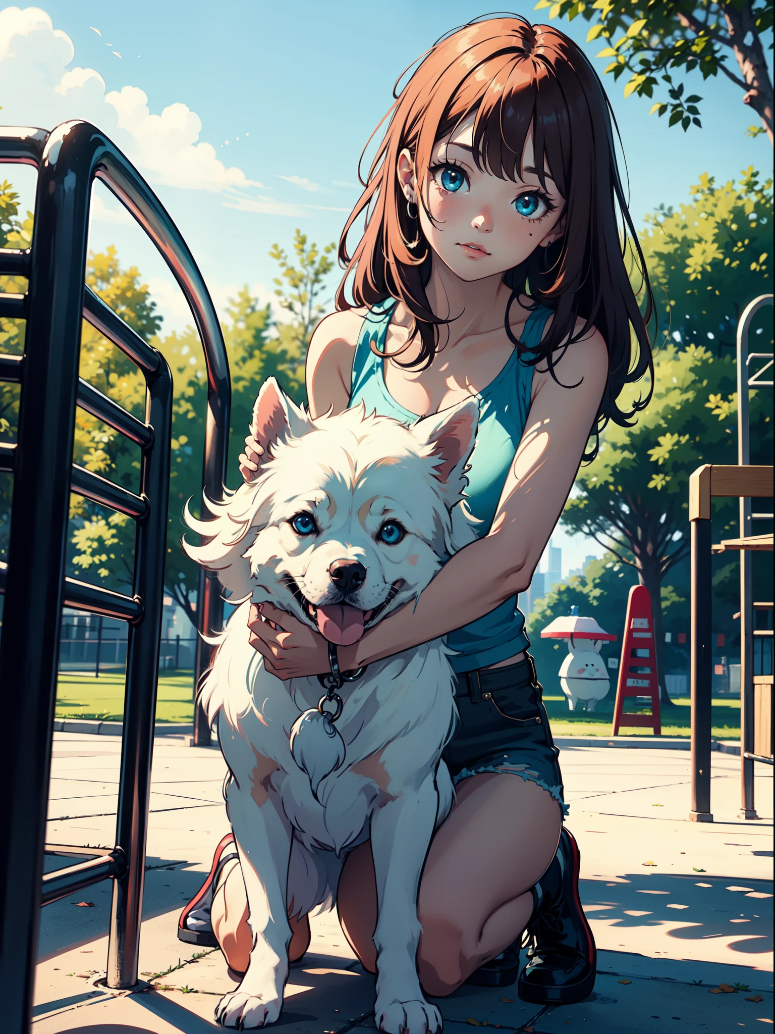 masterpiece, best quality, masterpiece, (1girl),solo, ginger hair, green blue eyes, playing with a pomeranian dog 🐶 , animal, very fluffy and hairy dog, small dog, the setting is a park with playground and ample space