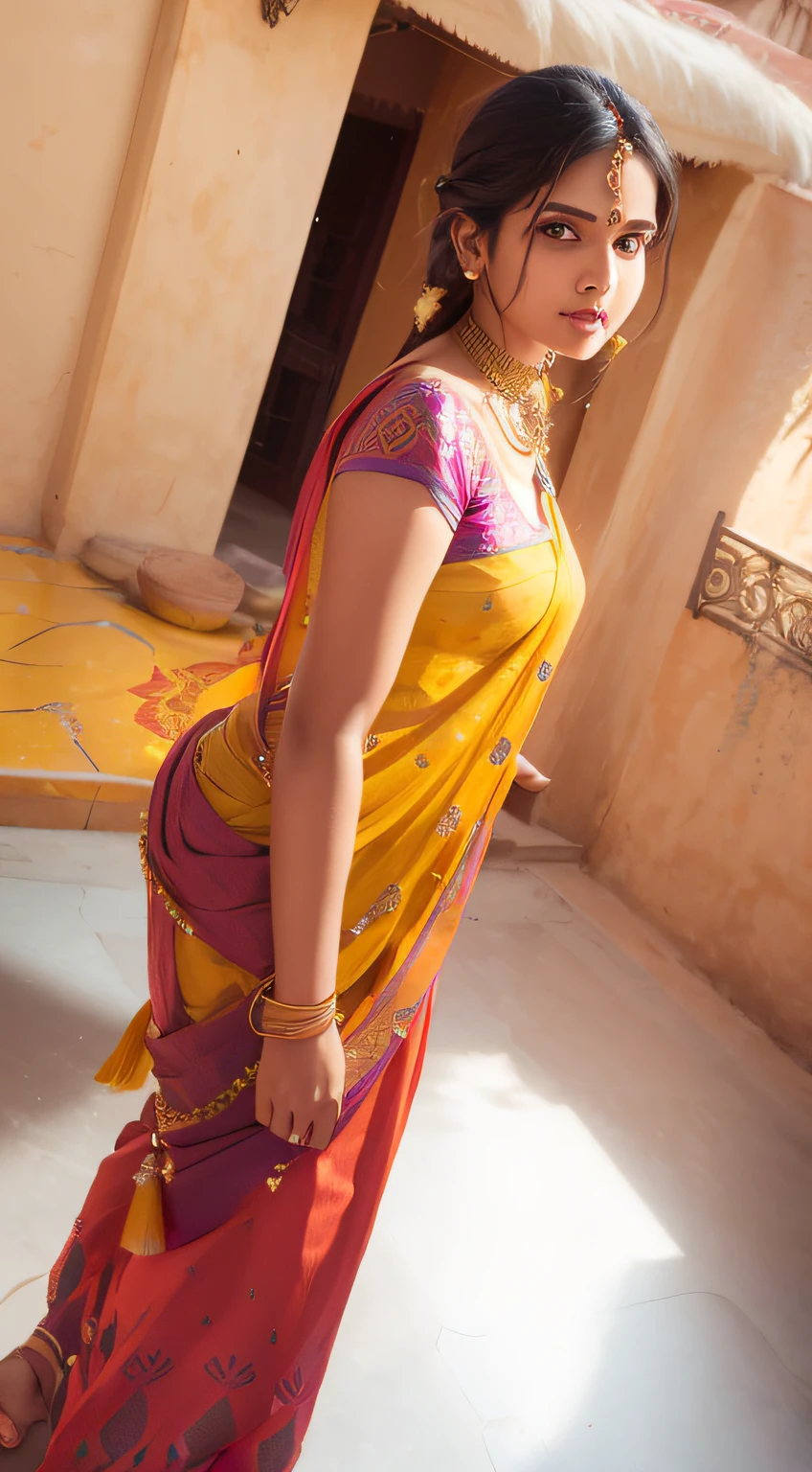 beautiful Indian woman, detailed yellow sari,  necklace, black long hair, perfect face, beautiful face, alluring, big gorgeous eyes, happy, perfect hourglass body, balcony,  India,  bright colors, detailing,