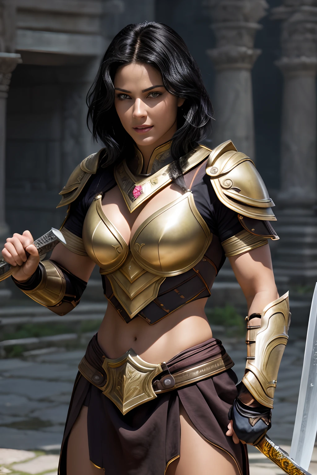 ((Offensive Stance)), ((wielding sword)), Camera eyes:1.3, (Highest Quality:1.4), (the best ever), (Ultra High Quality), (Ultra realistic 8K CG), Official art, Pose Seductive, Female gladiators, a beautiful woman warrior, (Alyssa Sutherland:Janine Garofalo:0.5), stunningly beautiful face, Armor and gauntlets, (Short black hair:1.2), disheveled hair, muscular_Body: 1.4, (Carved metal breastplate), toned chest, White skin, (Toned abs), toned thighs, Ancient Roman city background, Sunlight creates beautiful gradients of shadows、Adds depth to the image, (Light colors, Light tones: 1.3), Low saturation, (Hyper-detailing: 1.2), Perfect Anatomy, Shining eyes, (Facing Camera), Smiling: 1.3, (((looking in camera))), forehead protector,