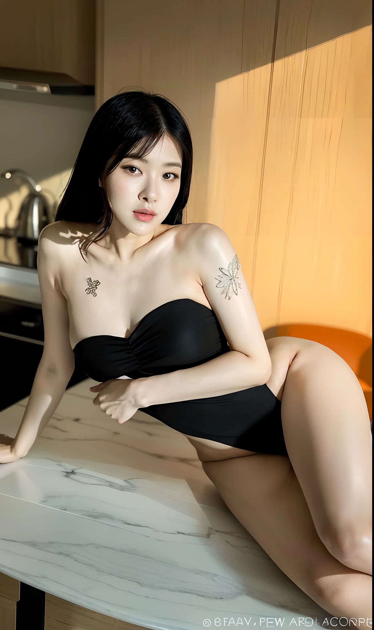 arafed woman in a black swimsuit sitting on a counter, gorgeous chinese model, 2 4 year old female model, 奈良美智, 2 , 2 7 years old old, 21 years irl, 1 8 yo, beautiful asian girl, 2 9 years old, eva