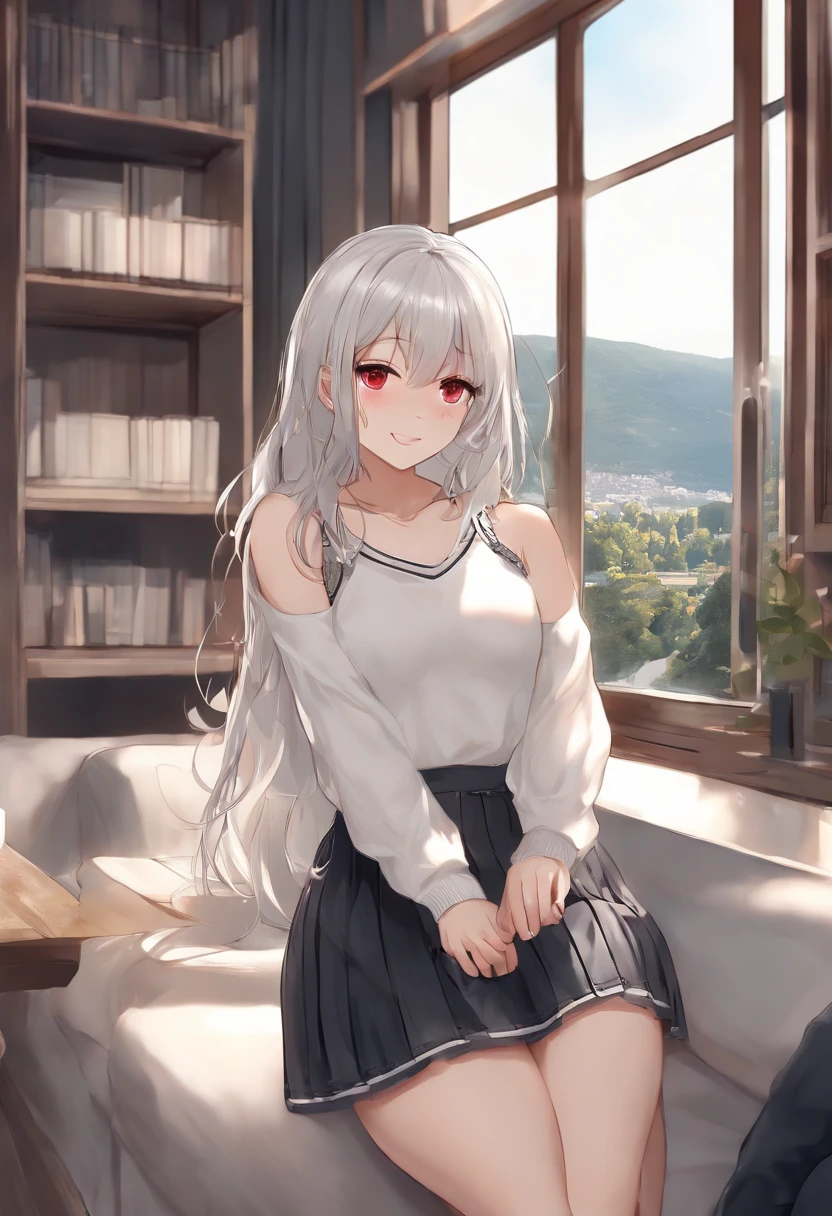 NSFW、​masterpiece、Top image quality、high detailing、Detailed beautiful face and eyes、abajour、window、(White Sleeveless Plain Sweater:1.2)、(nighttime scene:1.5)、nighttime scene、(Longhaire:1.2)、length hair、(red eyes:1.2)、Delicate interior design、Blue stripe々Panties、(White Thigh Socks:1.2)、1girl in、(Long white hair)、red blush、(a beauty girl)、(huge-breasted:1.1)、(Proud smile)、full-face blush, embarrassed、(Arms crossed:1.4)、The whole body is reflected、(Blunt bangs:1.2)、is standing、Big buttocks、thick thight、(Micro Black Pleated Skirt)、(a short skirt:1.4)、(high-angle:1.4)、(adult body:1.2)、Sitting on the couch、Absolute Area、I can see my panties、(Angle from directly above:1.3)