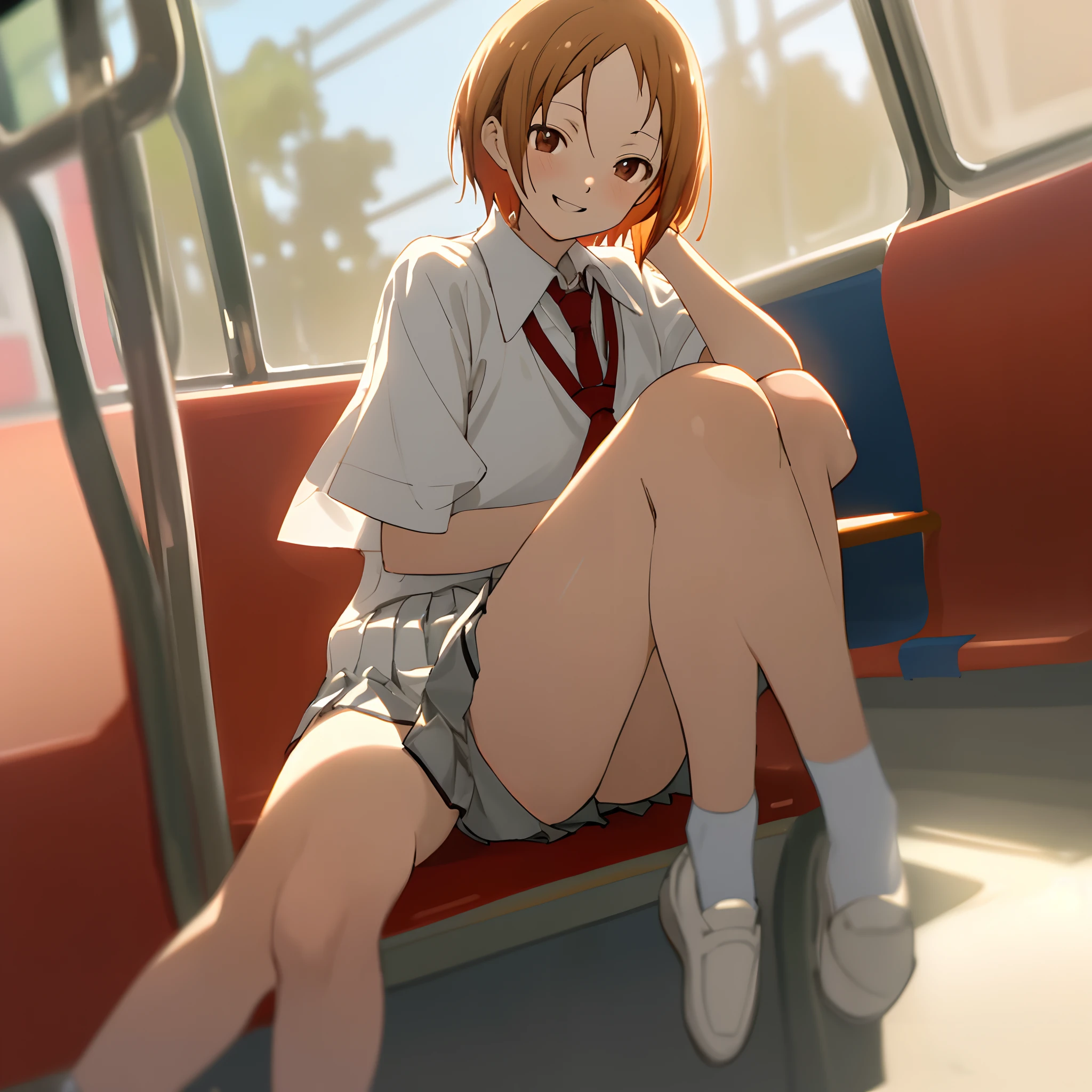 (masutepiece, Best Quality:1.2), 8K, student, 85 mm, Official art, Raw photo, absurderes, White dress shirts, Pretty Face,full body Esbian, violaceaess, gardeniass, Beautiful Girl, School uniform, (Navy Short Pleated Skirt:1.1), very thin thighs、Cinch West, thighs thighs thighs thighs, Short sleeve, on train, A smile、Sit on a bench seat, Looking at Viewer, No makeup, (Smile:0.5), Film grain, chromatic abberation, Sharp Focus, face lights, clear lighting, Teentailed face, Bokeh background, (dark red necktie:1.1)