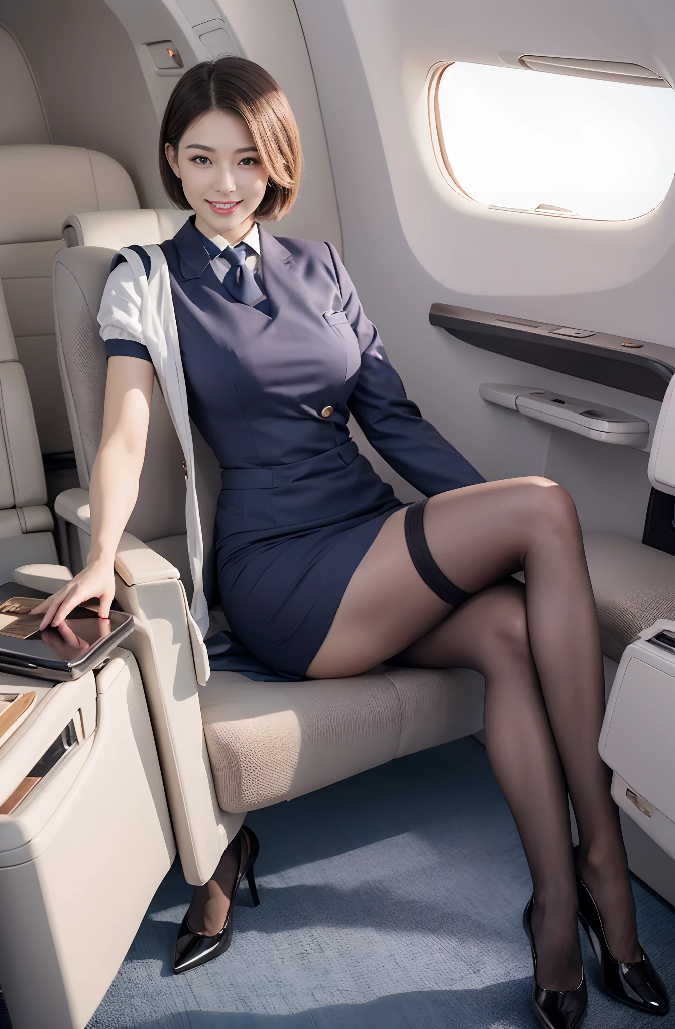 Beautiful flight attendant in the seat of the plane,Super beautiful,Super beautiful face,perfect bodies,Meticulous beautiful flight attendant outfit,Smile sweetly,Beautiful short hair,Delicate hair,Beautiful stockings,Beautiful stiletto heels,fully body photo