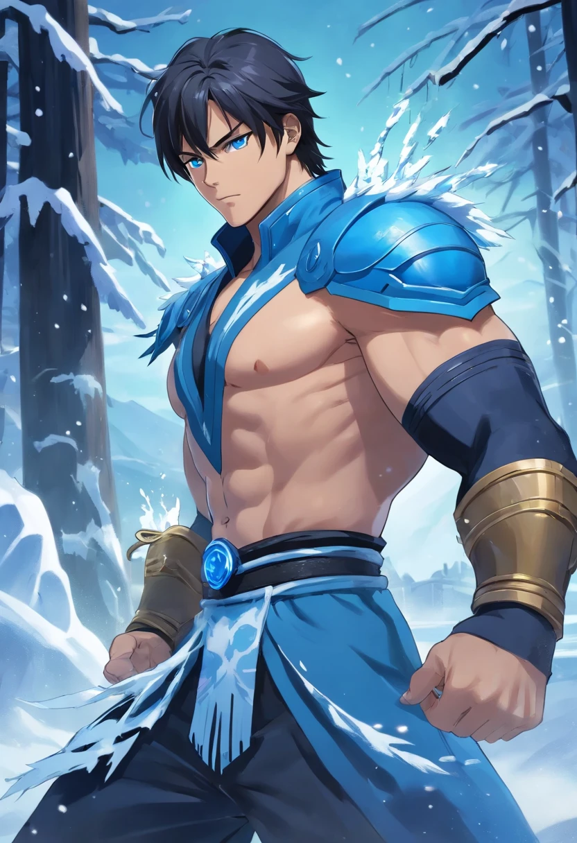 Sub-Zero, masculine, Mortal Kombat, drinking a beer, icy surroundings, detailed facial features, blue eyes, menacing expression, muscular build, intense frost overlay, high-quality rendering, professional artwork, photorealistic style, dramatic lighting, chilling atmosphere, freezing breath, subtle color tones, dynamic pose, intense action scene.