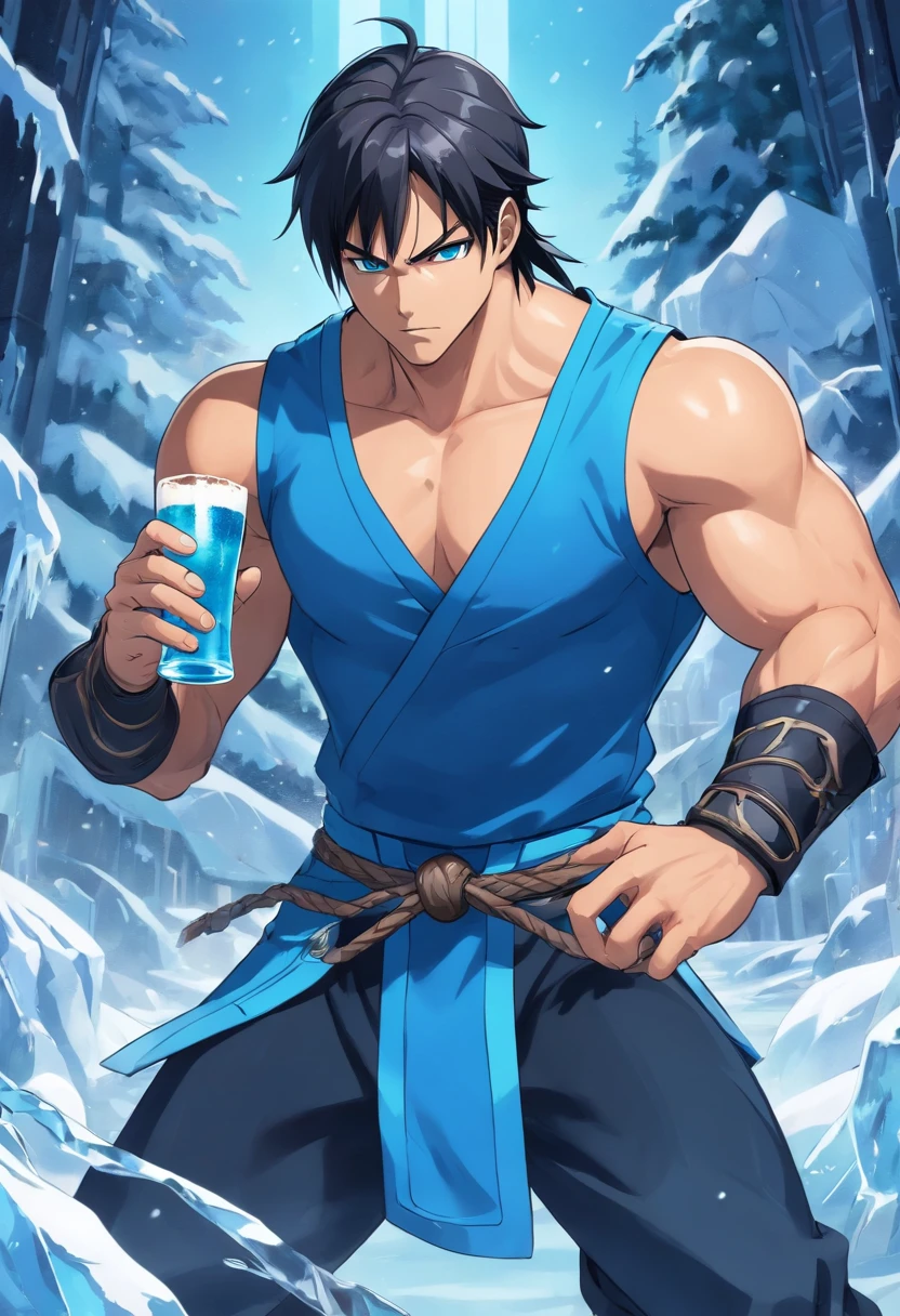 Sub-Zero, masculine, Mortal Kombat, drinking a beer, icy surroundings, detailed facial features, blue eyes, menacing expression, muscular build, intense frost overlay, high-quality rendering, professional artwork, photorealistic style, dramatic lighting, chilling atmosphere, freezing breath, subtle color tones, dynamic pose, intense action scene.