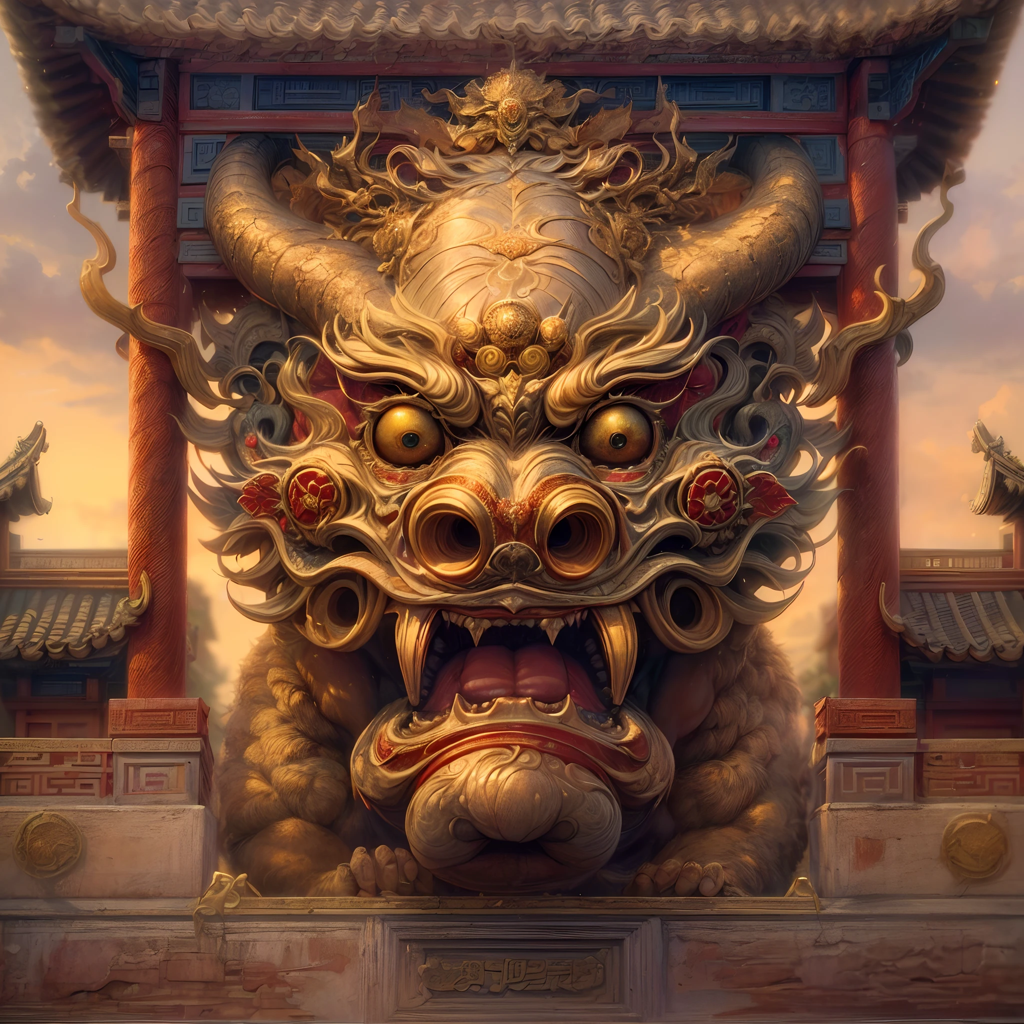 (best quality,4k,8k,highres,masterpiece:1.2),ultra-detailed,(realistic,photorealistic,photo-realistic:1.37),oil painting,evening light,ancient Chinese palace,mysterious monster,detailed features,expressive face,golden colors,symmetric composition,mysterious emotion
